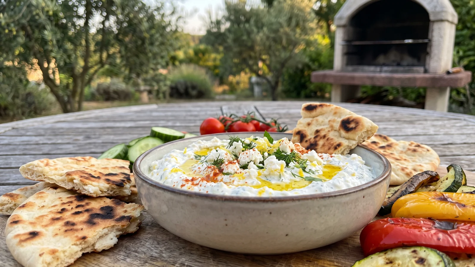 Griechische Schafskäsecreme mit Feta, Olivenöl, Kräutern und Grillbrot auf einem rustikalen Tisch