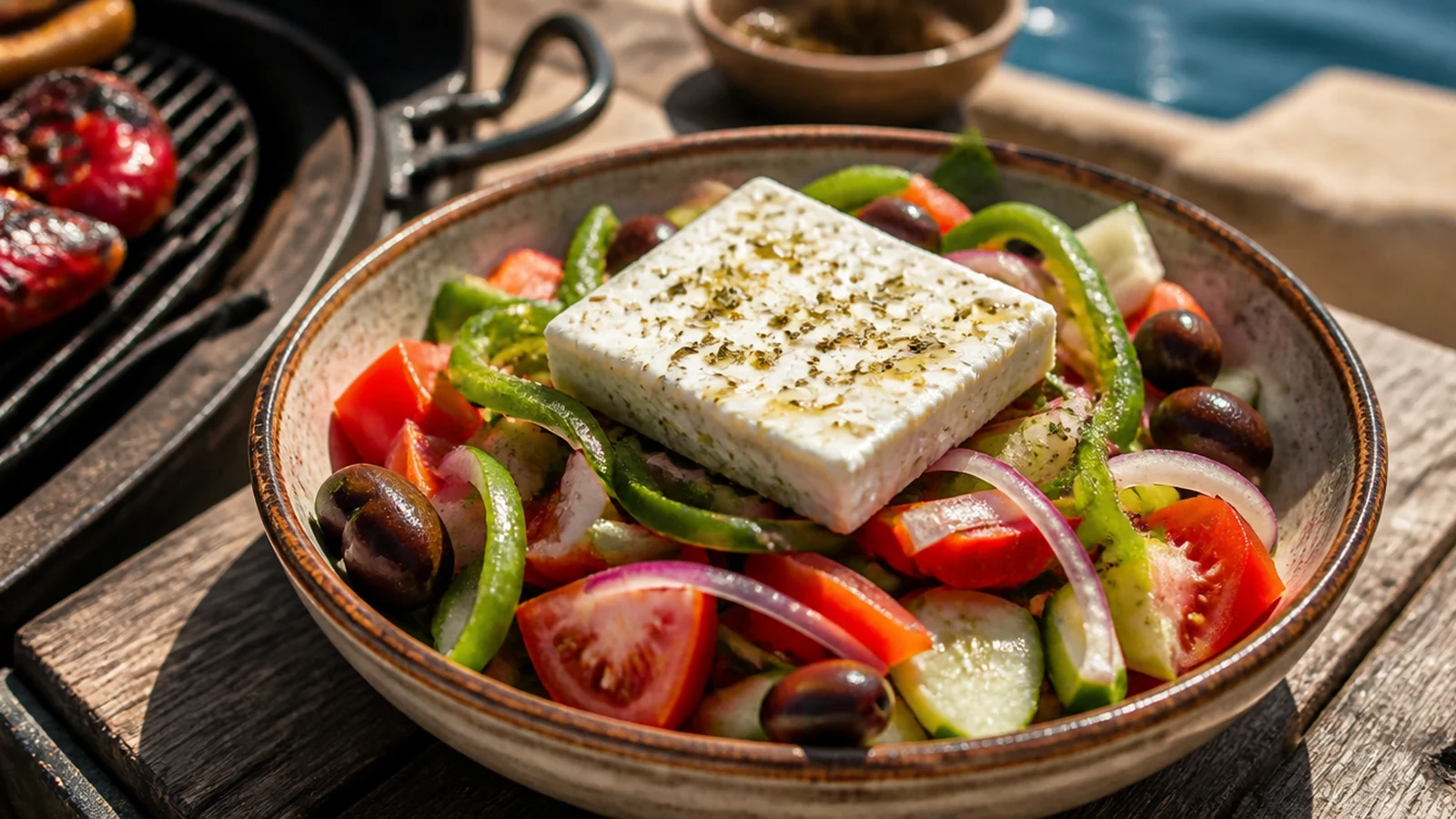 Griechischer Bauernsalat mit Tomaten, Gurke, Feta, Oliven und Zwiebeln
