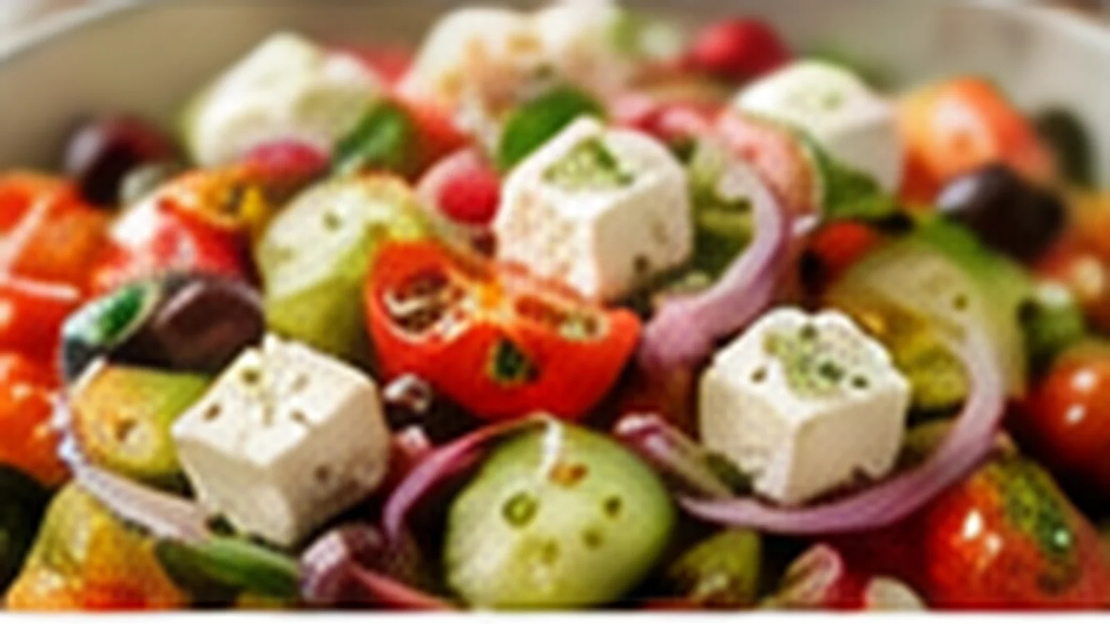 Griechischer Bauernsalat mit Tomaten, Gurke, Feta, Oliven und Zwiebeln