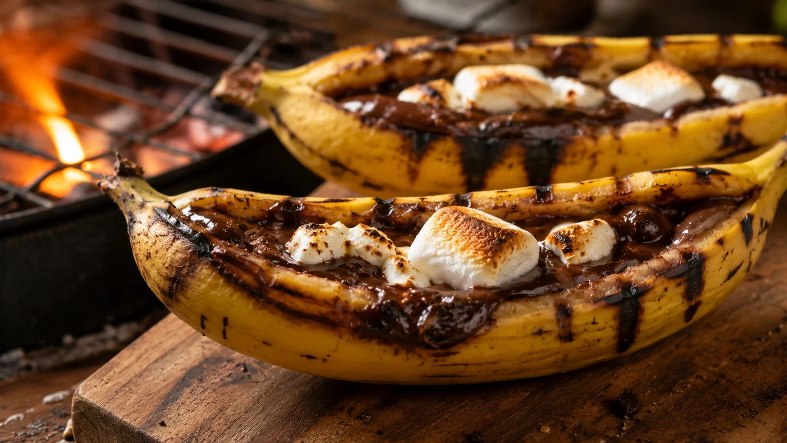 Grillbanane mit geschmolzener Schokolade und gerösteten Marshmallows als Retro-Dessert vom Grill
