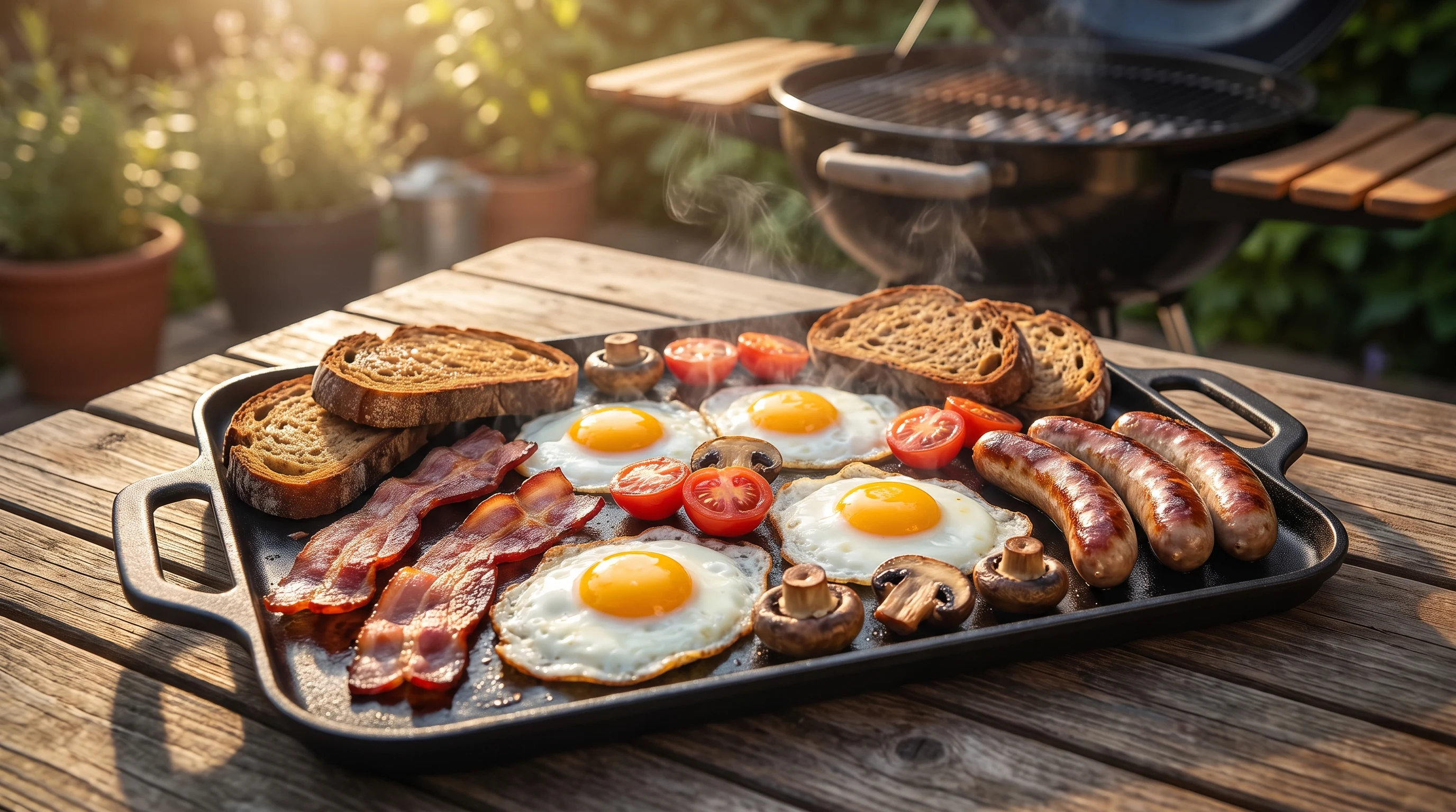 Grillfrühstück von der Plancha als realistische Grillaufnahme mit frischen Zutaten und Röstaromen