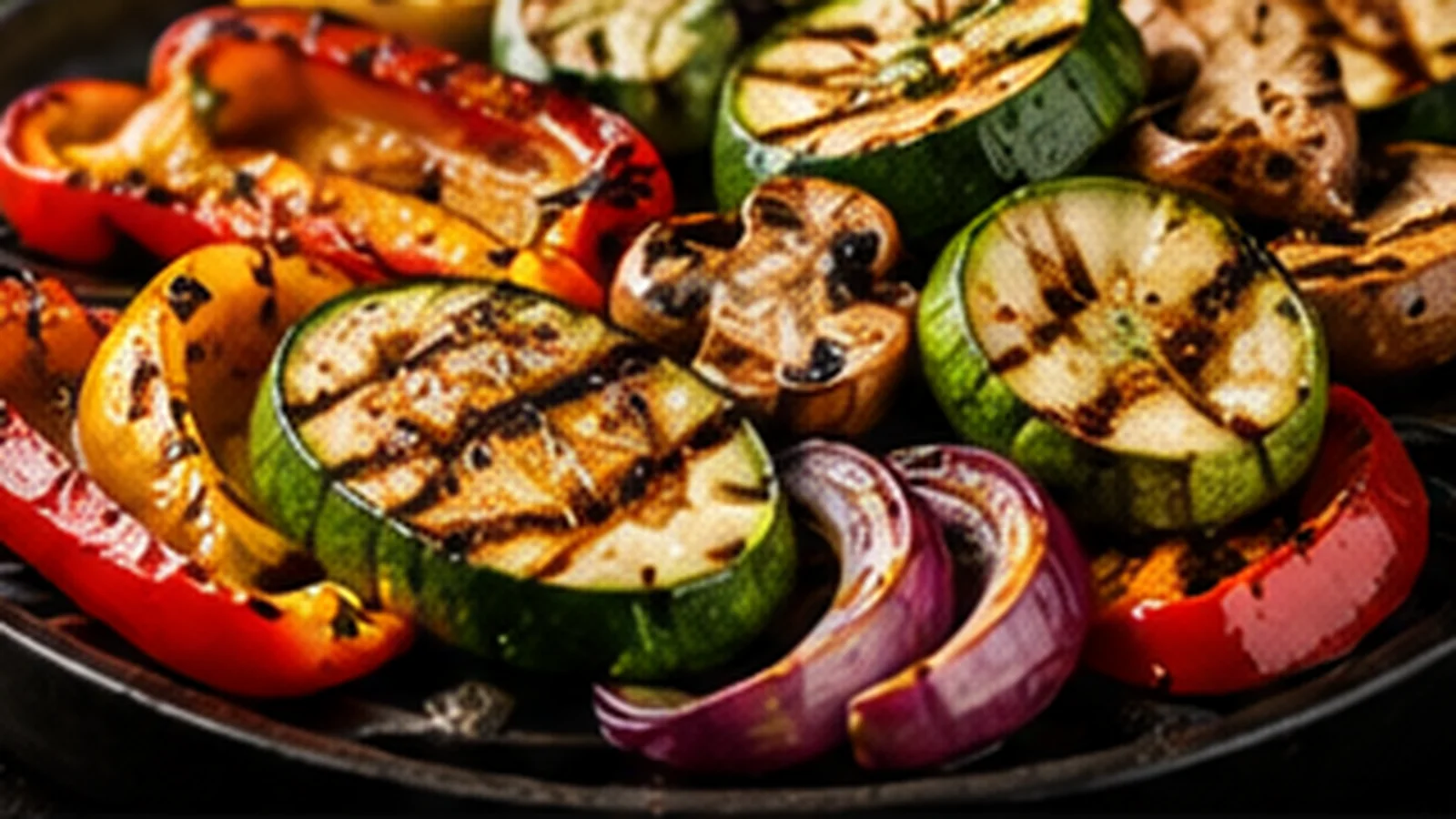 Buntes Grillgemüse mit Paprika, Zucchini, Champignons und Zwiebeln auf dem Grill