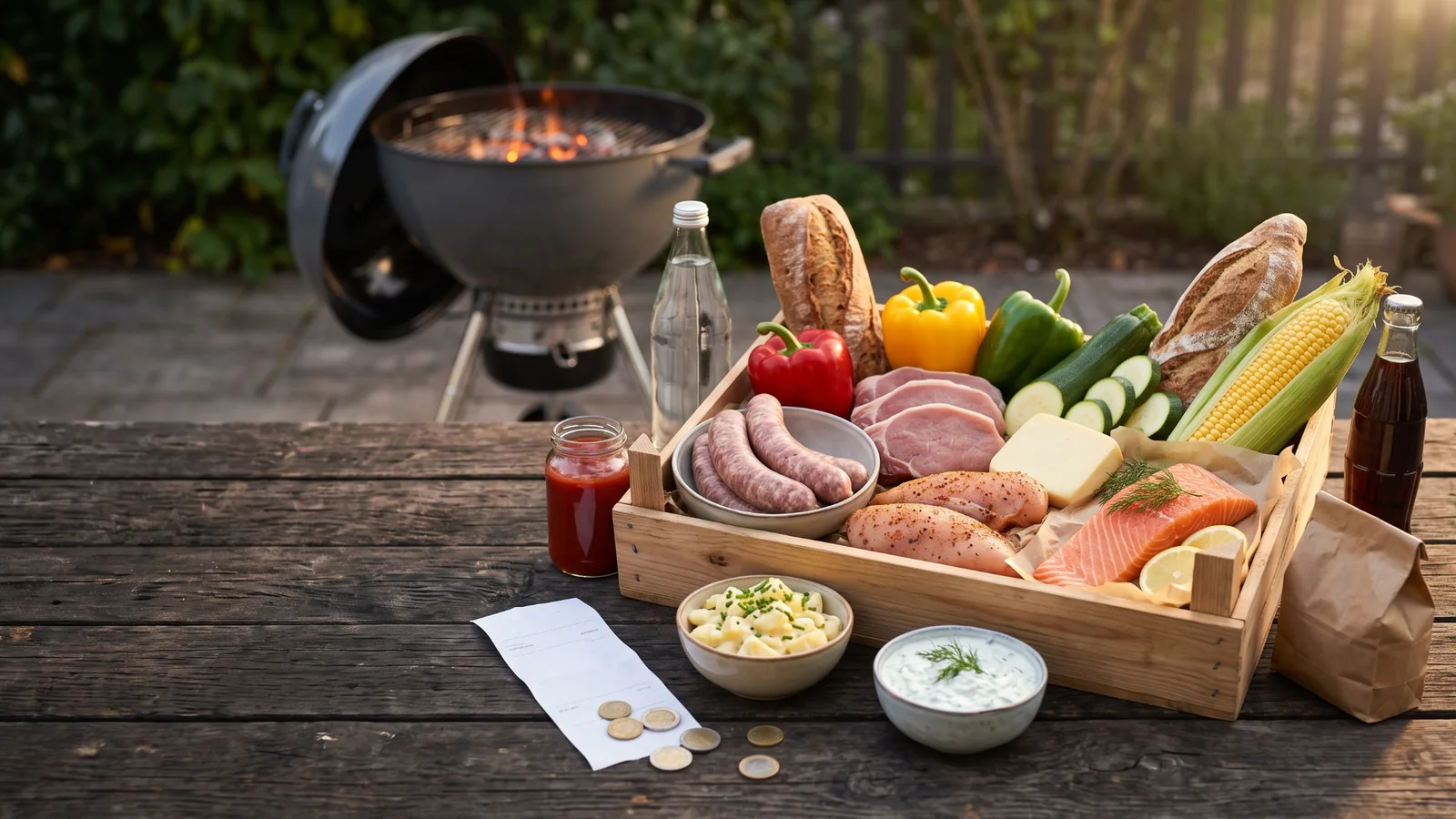 Grillwarenkorb mit Grillgut, Beilagen, Getränken und Kassenbon für den Grillkosten-Index 2026