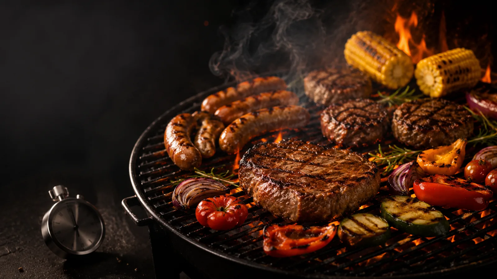 Verschiedene Grillgerichte wie Steak, Würstchen, Mais und Gemüse auf einem Holzkohlegrill