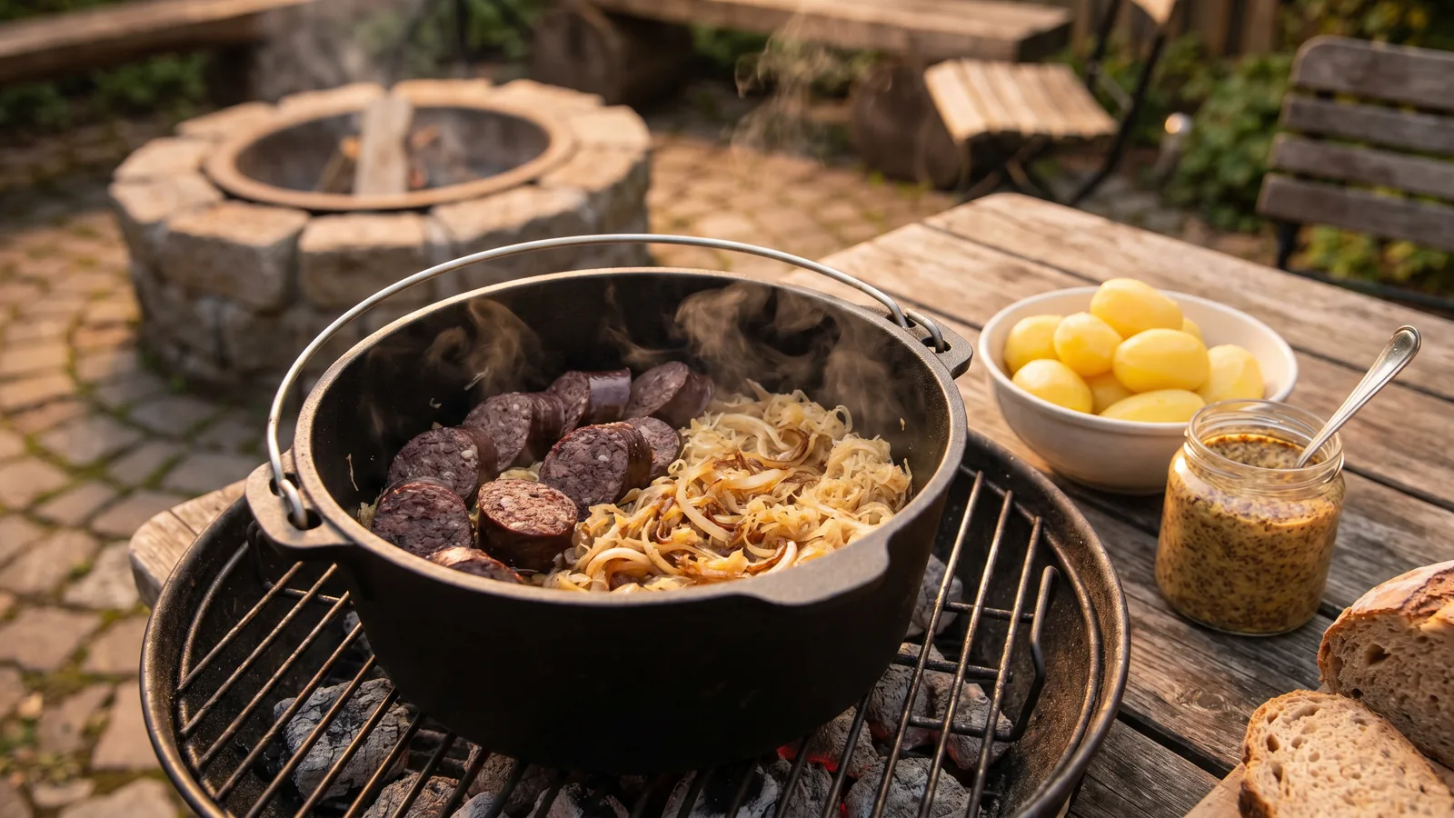 Grützwurst mit Sauerkraut aus dem Grilltopf im Dutch Oven mit Kartoffeln und Zwiebeln