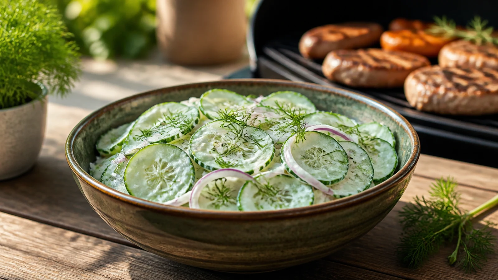 Frischer Gurkensalat zum Grillen mit Dill und feinen Gurkenscheiben