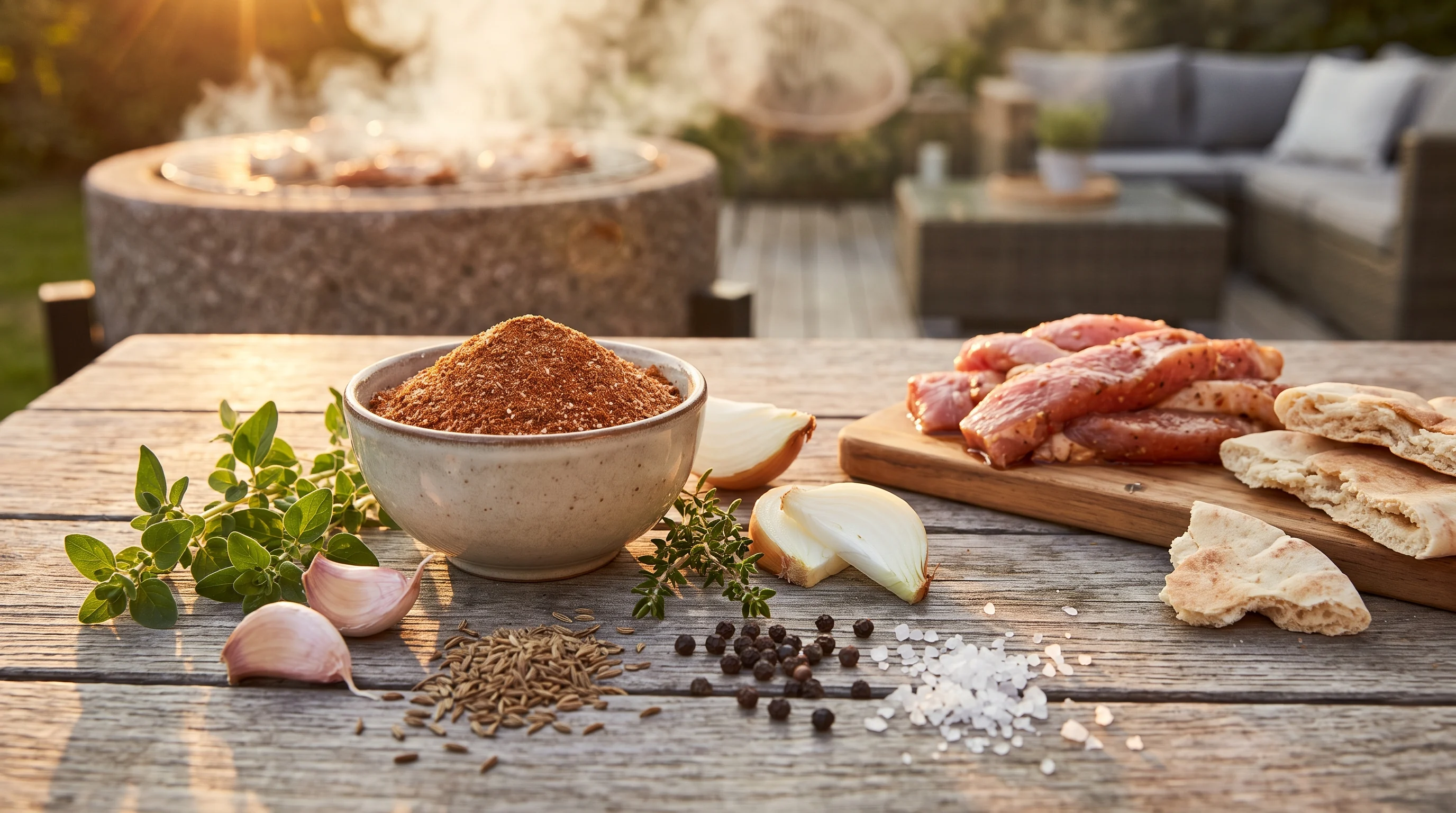 Gyros Rub selber machen in einer Schale mit Schweinefleisch, Pita und mediterranen Gewürzen