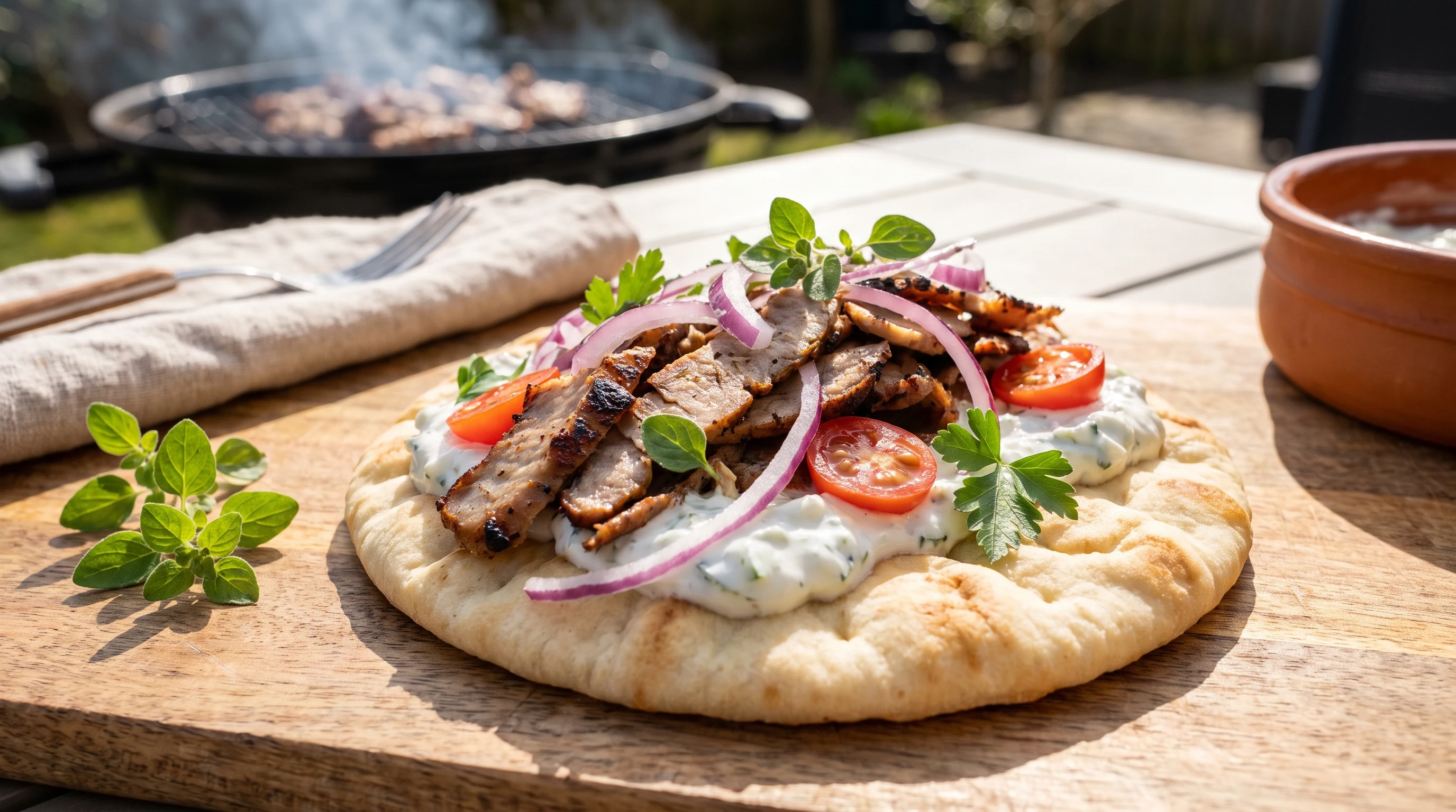 Gyros vom Grill als realistisches Grillfoto aus Griechenland mit frischen Zutaten und Röstaromen