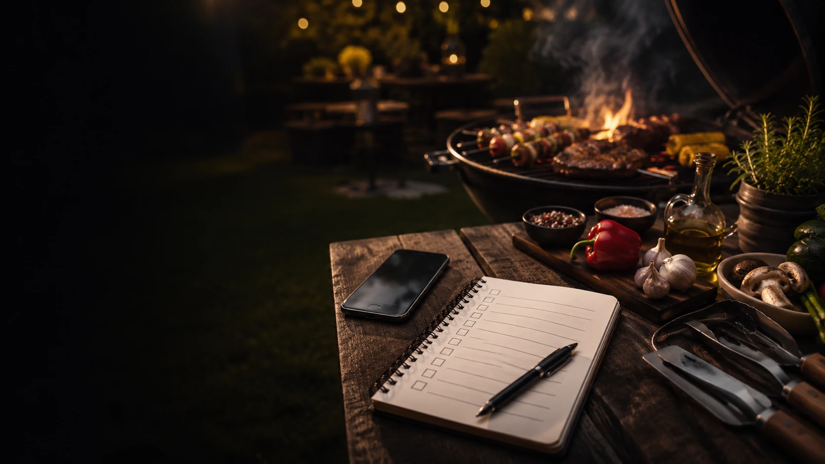 Vorbereiteter Grillabend mit Fleisch, Gemüse, Schüsseln und Planungsunterlagen