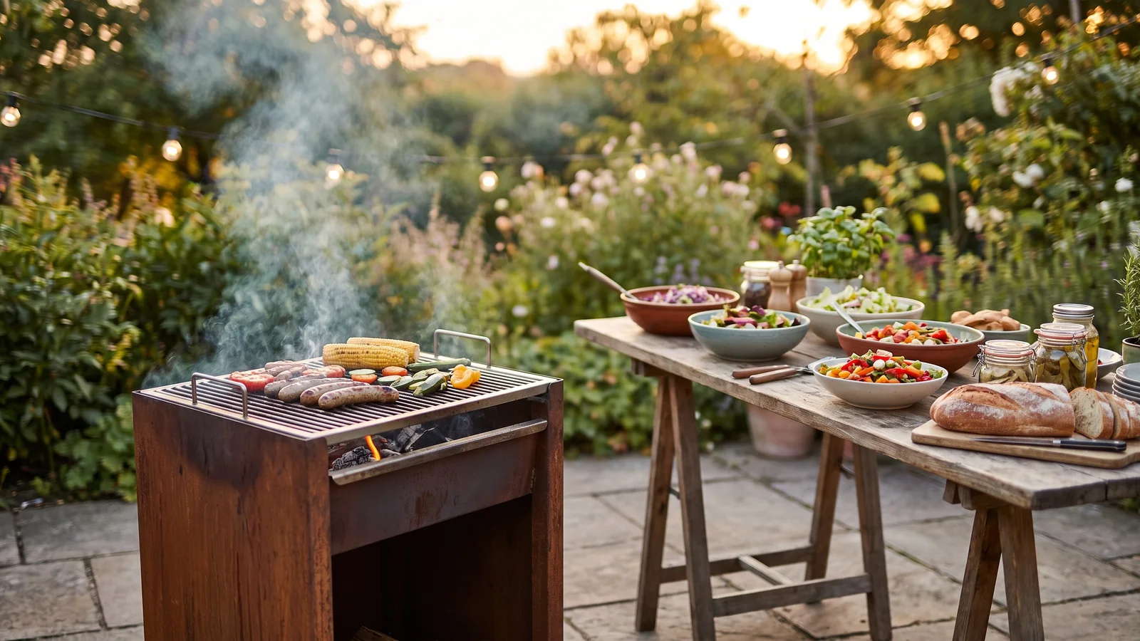 Offener Holzkohlegrill im Garten mit Grillgut, Rauch und klassischer Grillatmosphäre