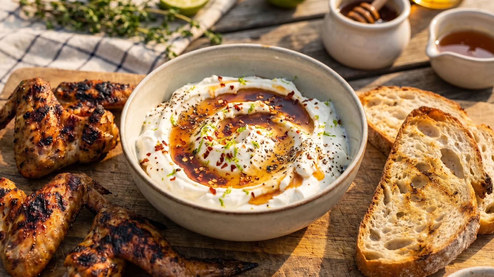 Hot Honey Frischkäse-Dip mit Honig, Chili, Limette und Grillbrot