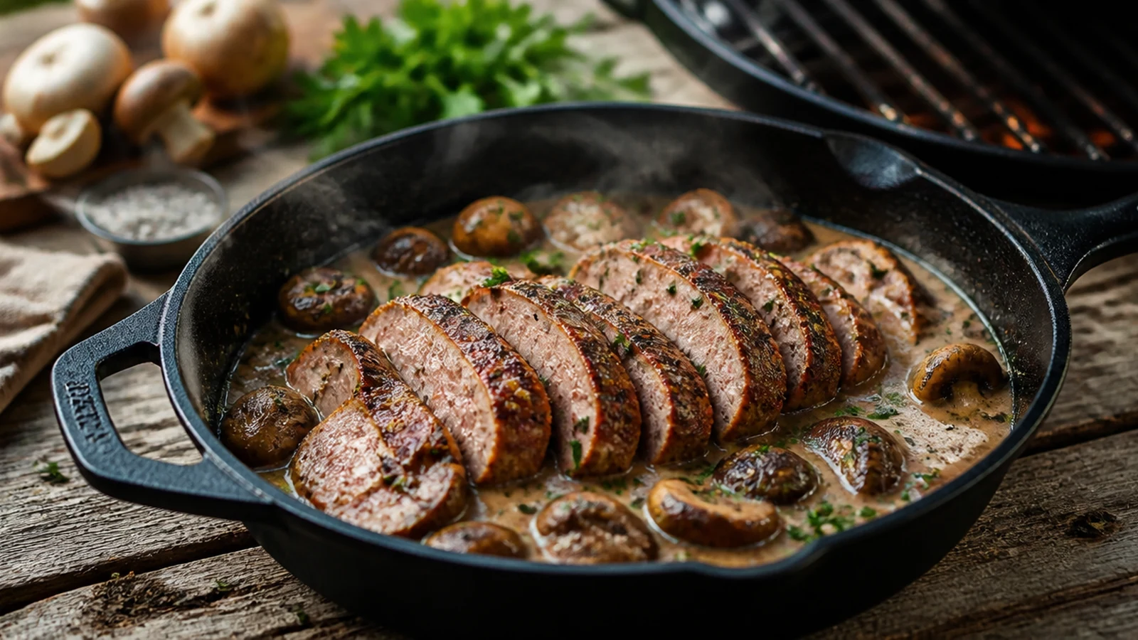 Jägerpfanne mit Champignons und herzhafter Sauce vom Grill
