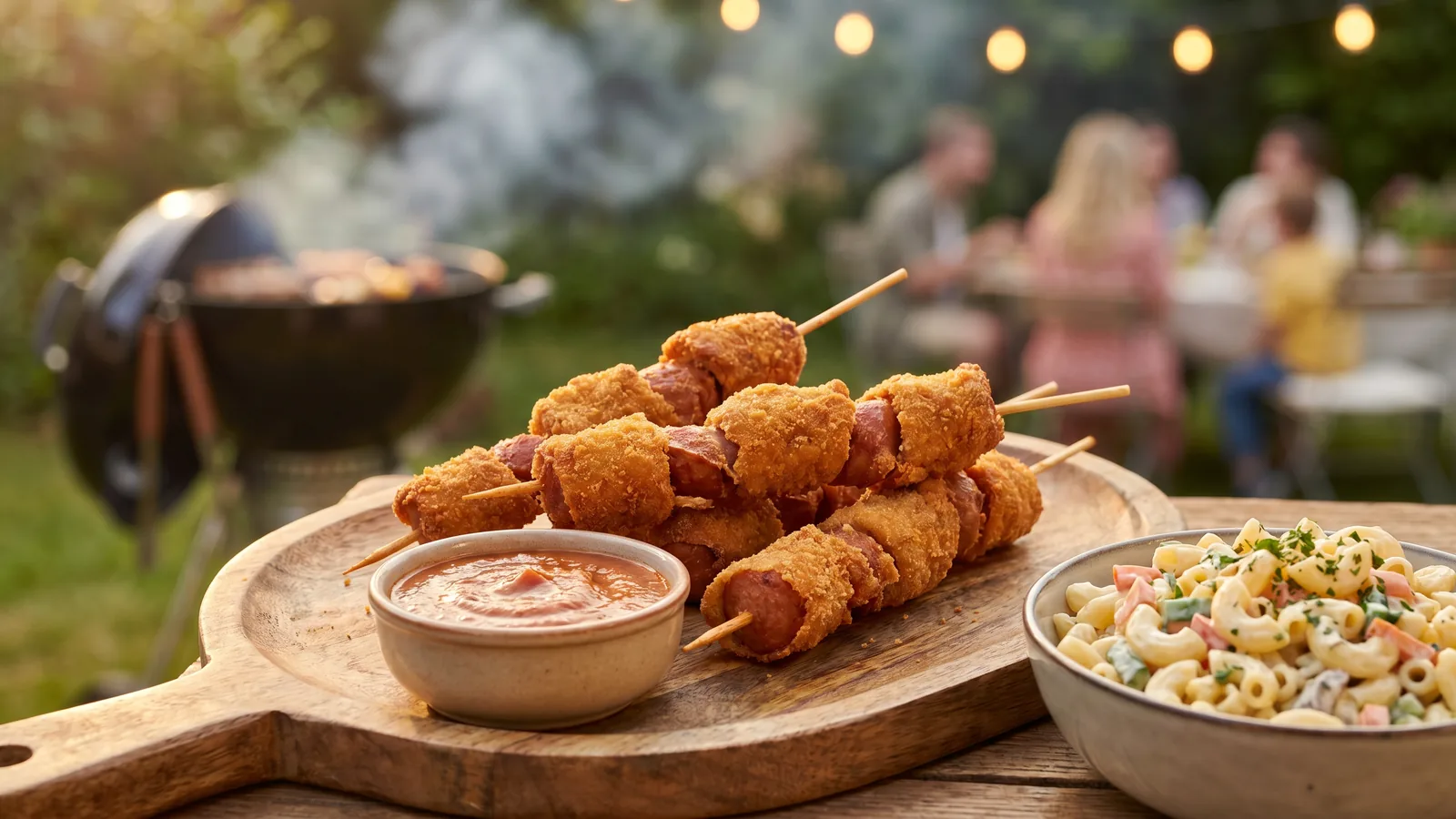 Jägerschnitzel-Spieße vom Grill mit knuspriger Panade und Tomatensauce