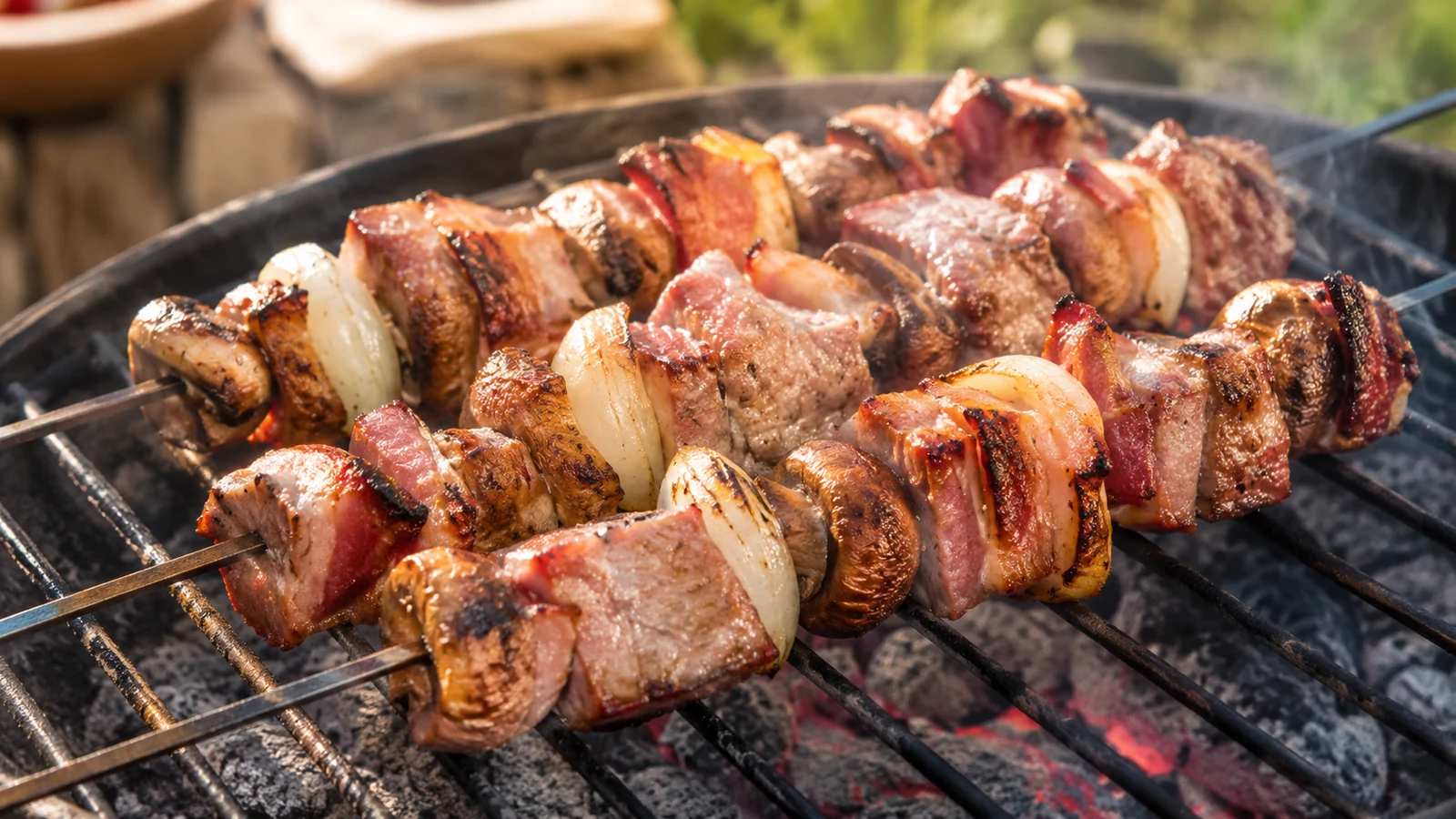 Jägerspieße vom Grill mit Fleisch, Speck, Zwiebeln und Champignons über glühender Kohle
