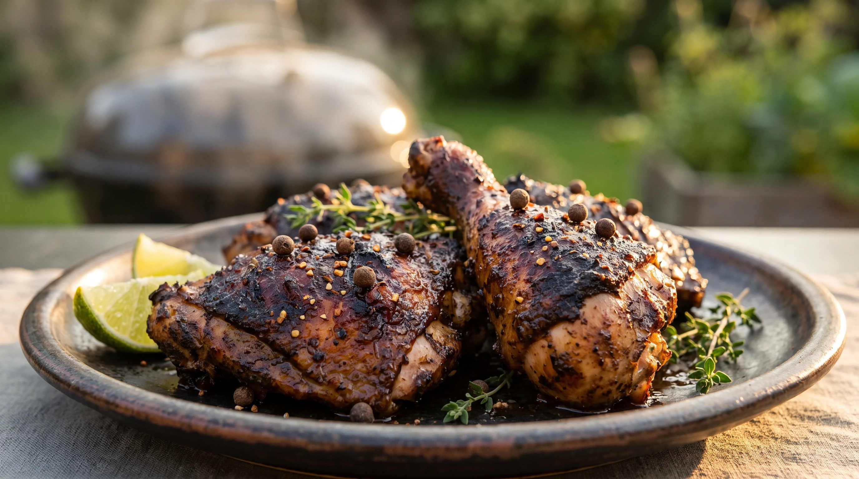 Jerk Chicken grillen als realistische Grillaufnahme mit frischen Zutaten und Röstaromen