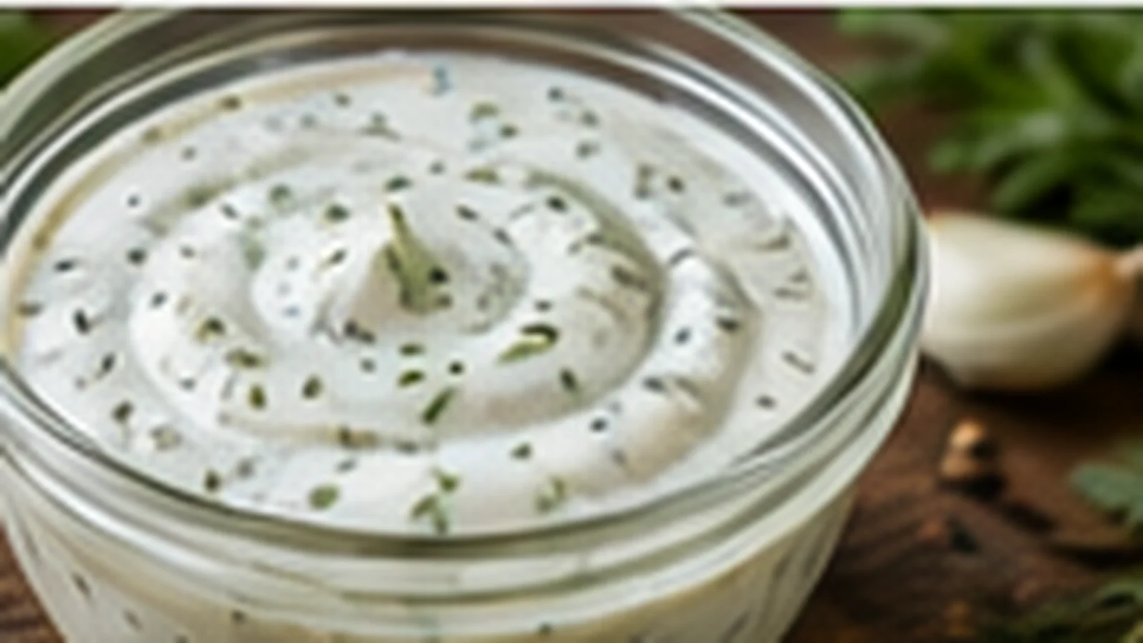 Cremige Joghurt-Kräuter-Marinade in einer Schale mit Knoblauch und Kräutern