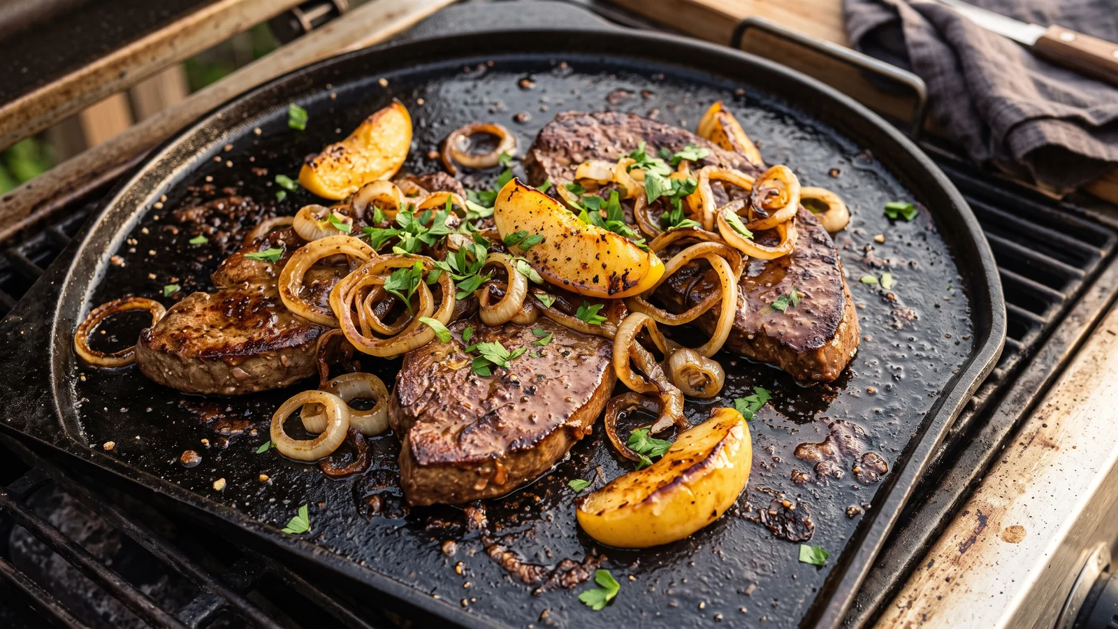 Gebratene Kalbsleber mit karamellisierten Apfelspalten und Zwiebelringen auf der Plancha