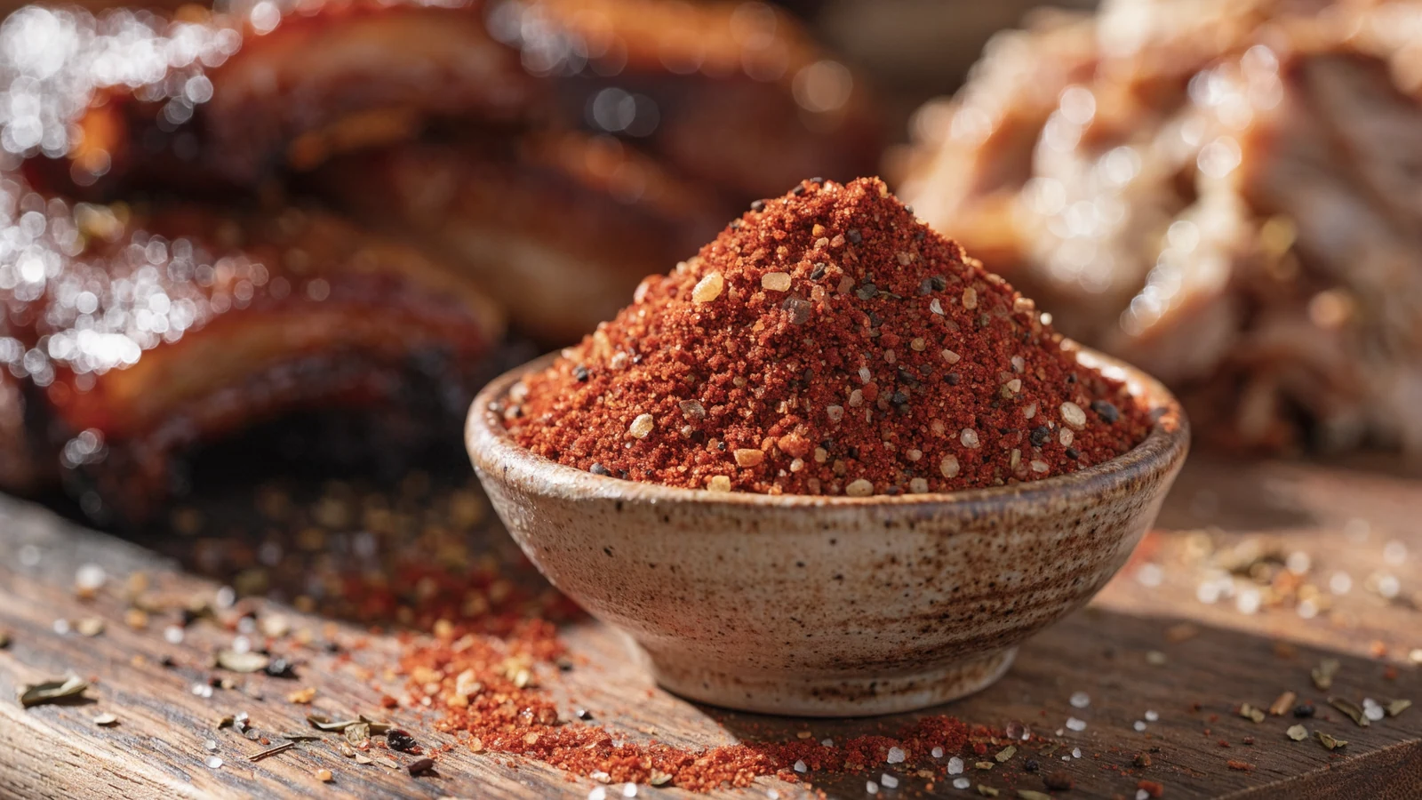 Kansas City Rub mit Paprika, braunem Zucker, Senf und Pfeffer neben Ribs