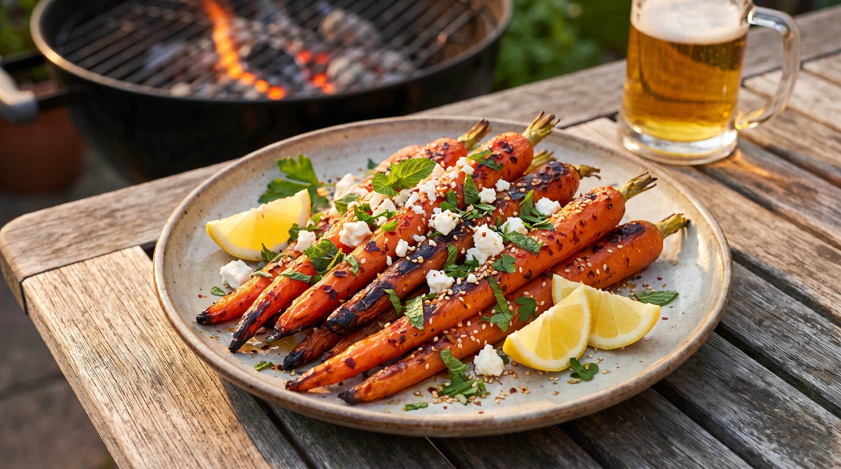 Karotten vom Grill mit Honig, Chili & Feta