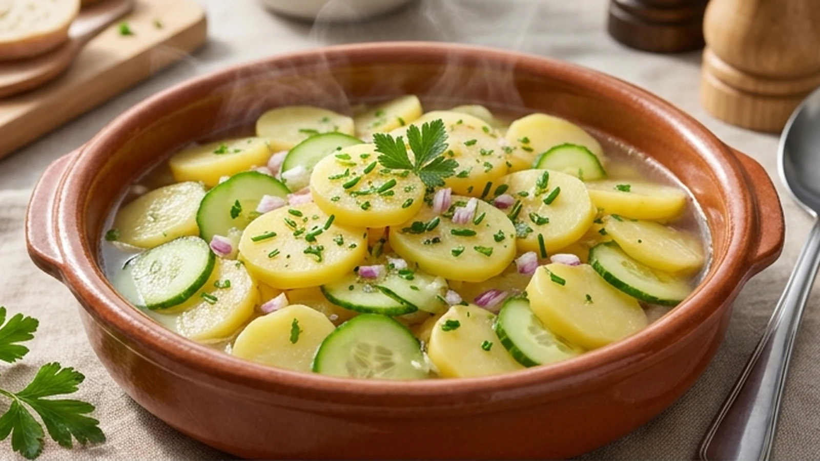 Kartoffelsalat ohne Mayonnaise mit Brühe, Gurkenscheiben, roten Zwiebeln und frischen Kräutern