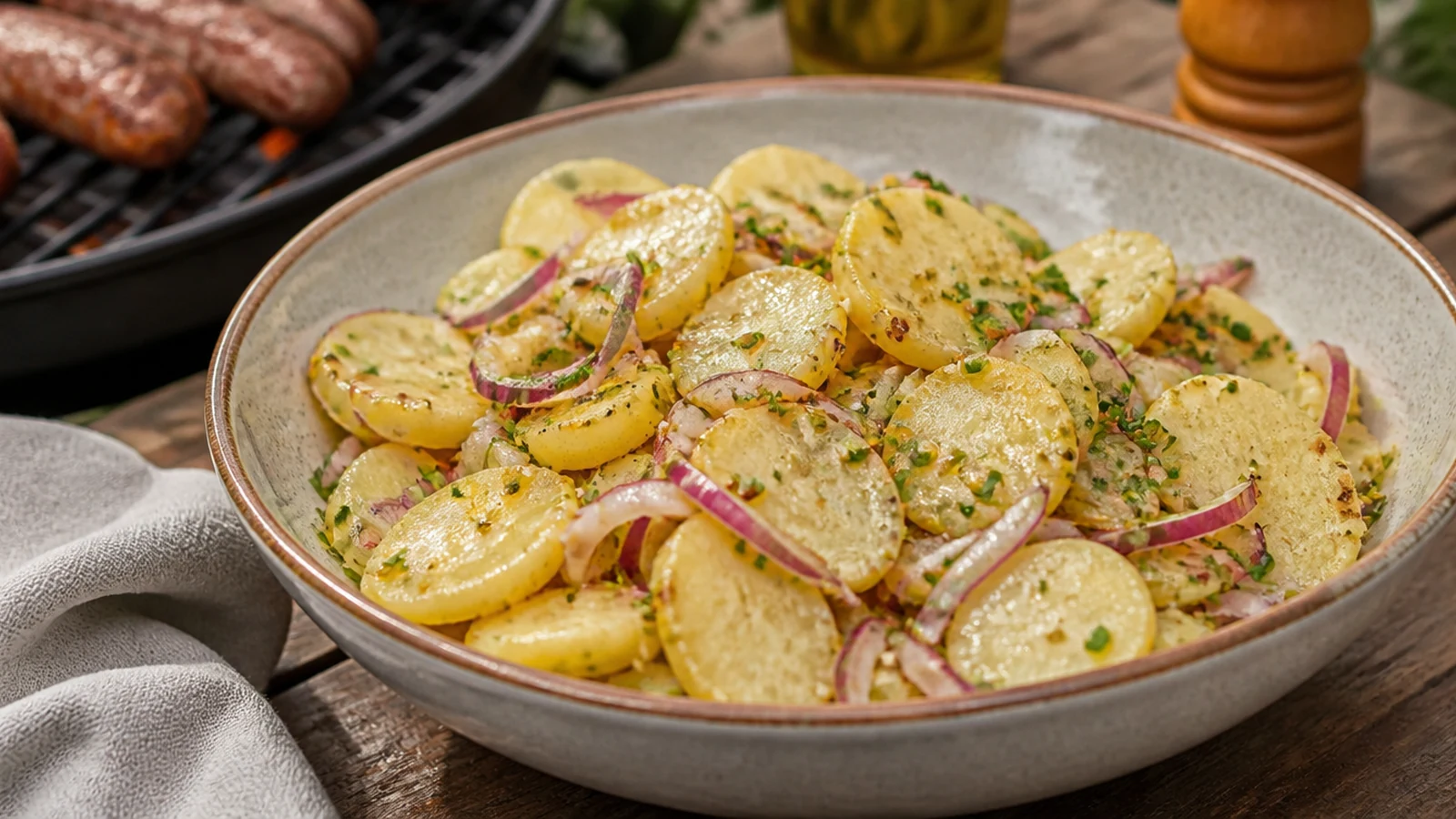 Kartoffelsalat zum Grillen in einer Schale mit Kartoffeln, Kräutern und Zwiebeln