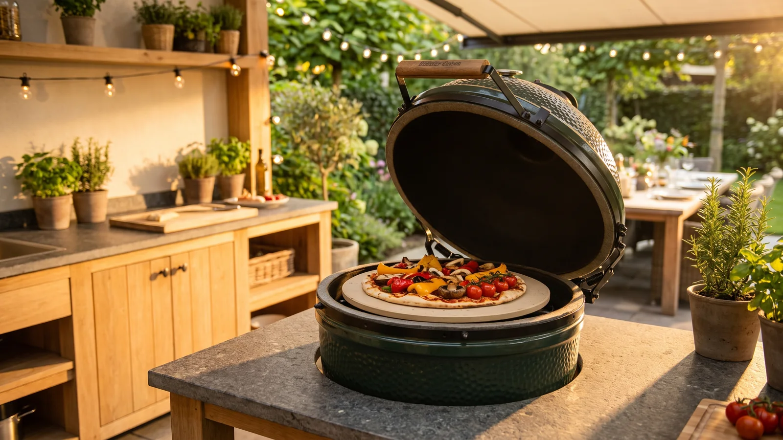 Keramikgrill in einer Outdoor-Küche mit Pizzastein und Gemüse bei warmem Licht