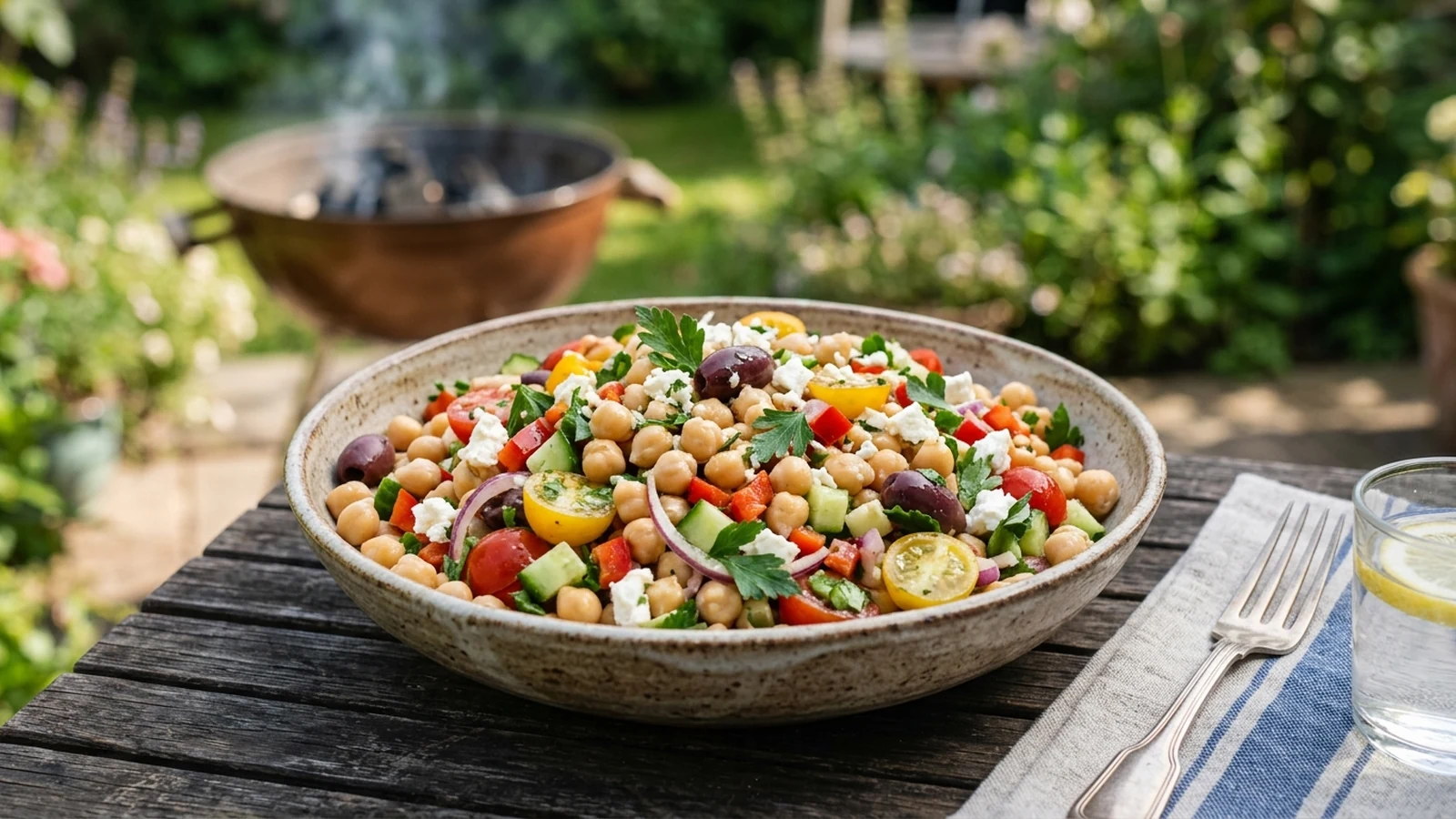Kichererbsen-Feta-Salat mit Gurke, Tomaten, Paprika, Oliven und Petersilie am Grill