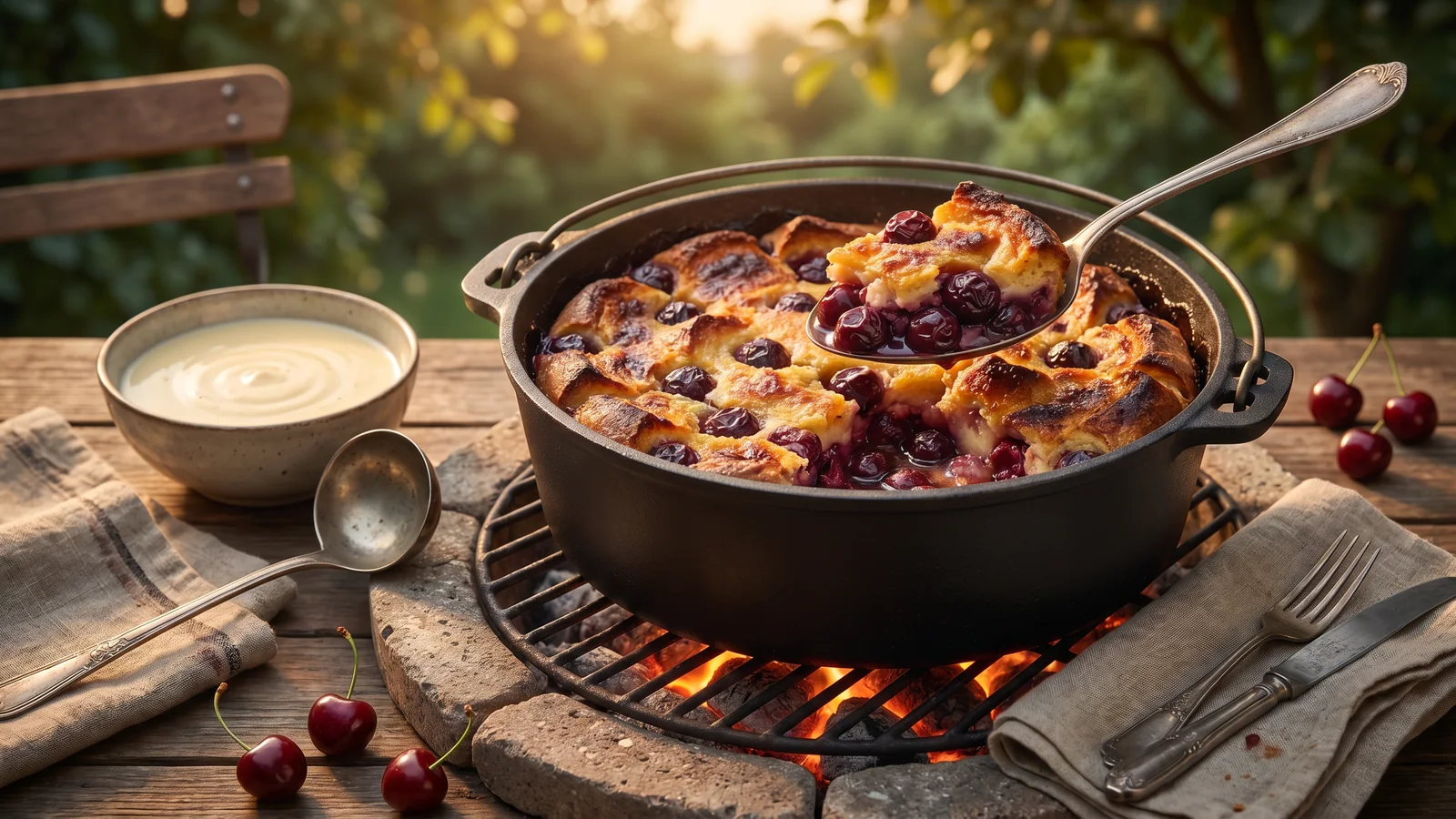 Kirschenmichel aus dem Dutch Oven als süßer Brotauflauf mit Kirschen und goldener Kruste