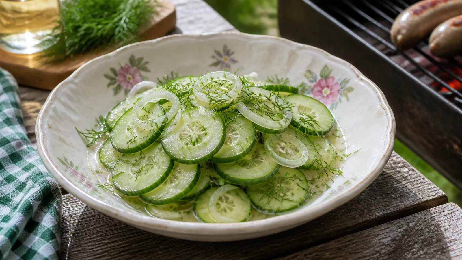 Klassischer Gurkensalat mit Dill appetitlich angerichtet als Grillbeilage in einer natürlichen Food-Szene