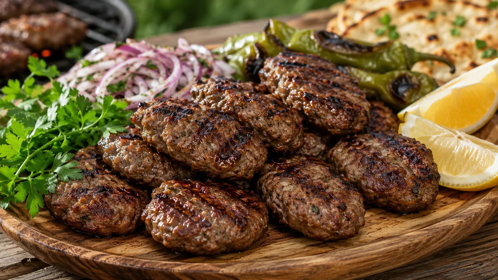 Köfte vom Grill mit Petersilie, Zwiebeln, gegrillter Paprika und Fladenbrot