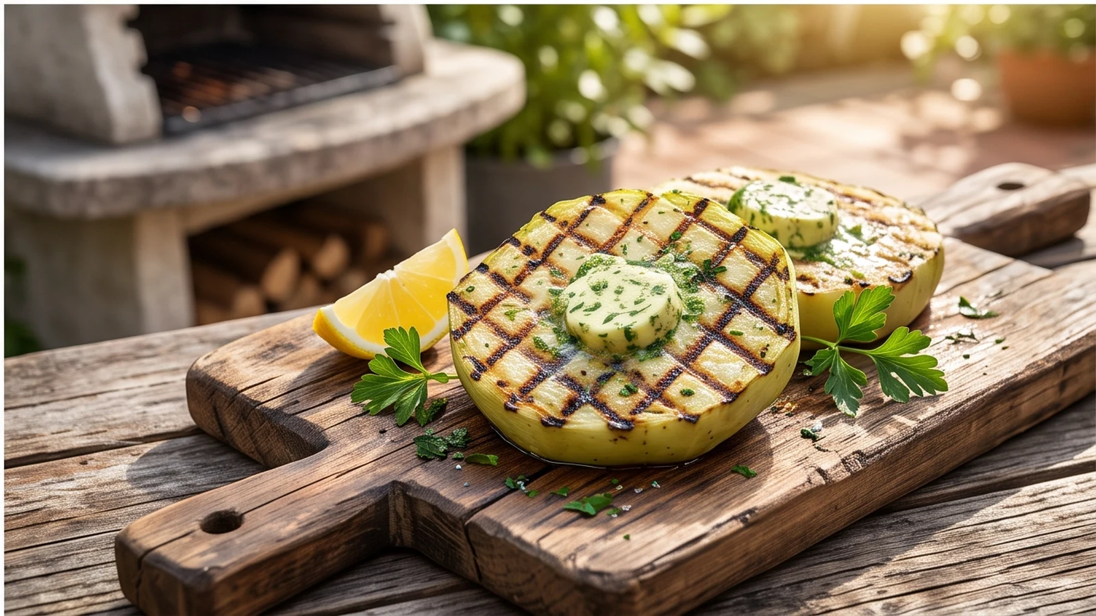 Gegrillte Kohlrabi-Steaks mit deutlichem Grillmuster, schmelzender Kräuterbutter und frischen Kräutern