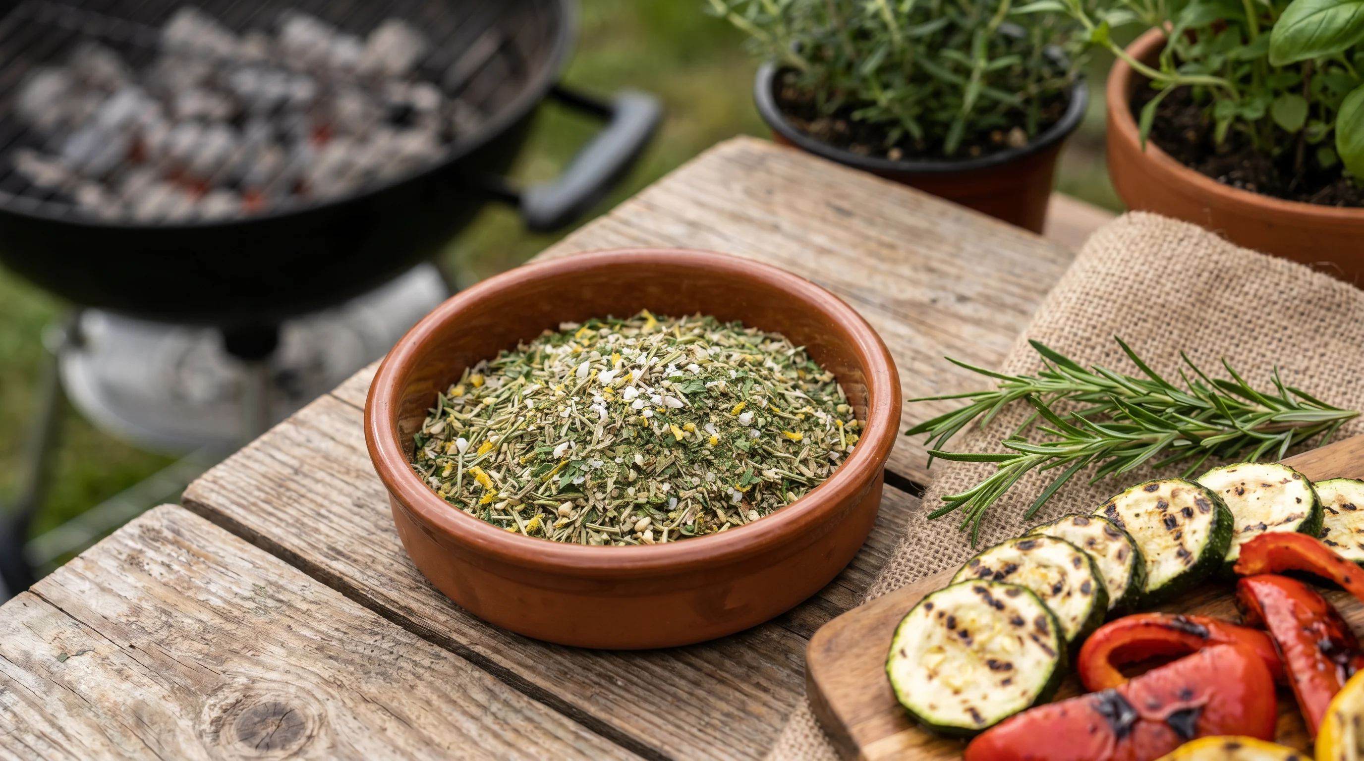 Kräuter-Knoblauch-Rub für Grillgemüse in einer Schale mit Zucchini, Paprika und Kräutern auf einem Holztisch