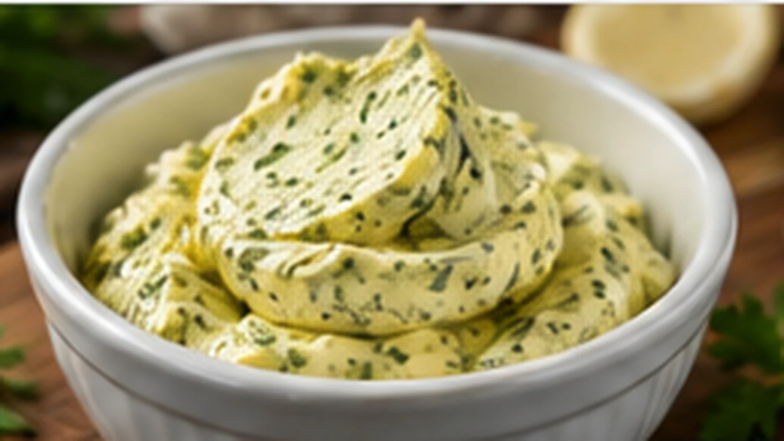 Hausgemachte Kräuterbutter mit frischen Kräutern in einer weißen Schale