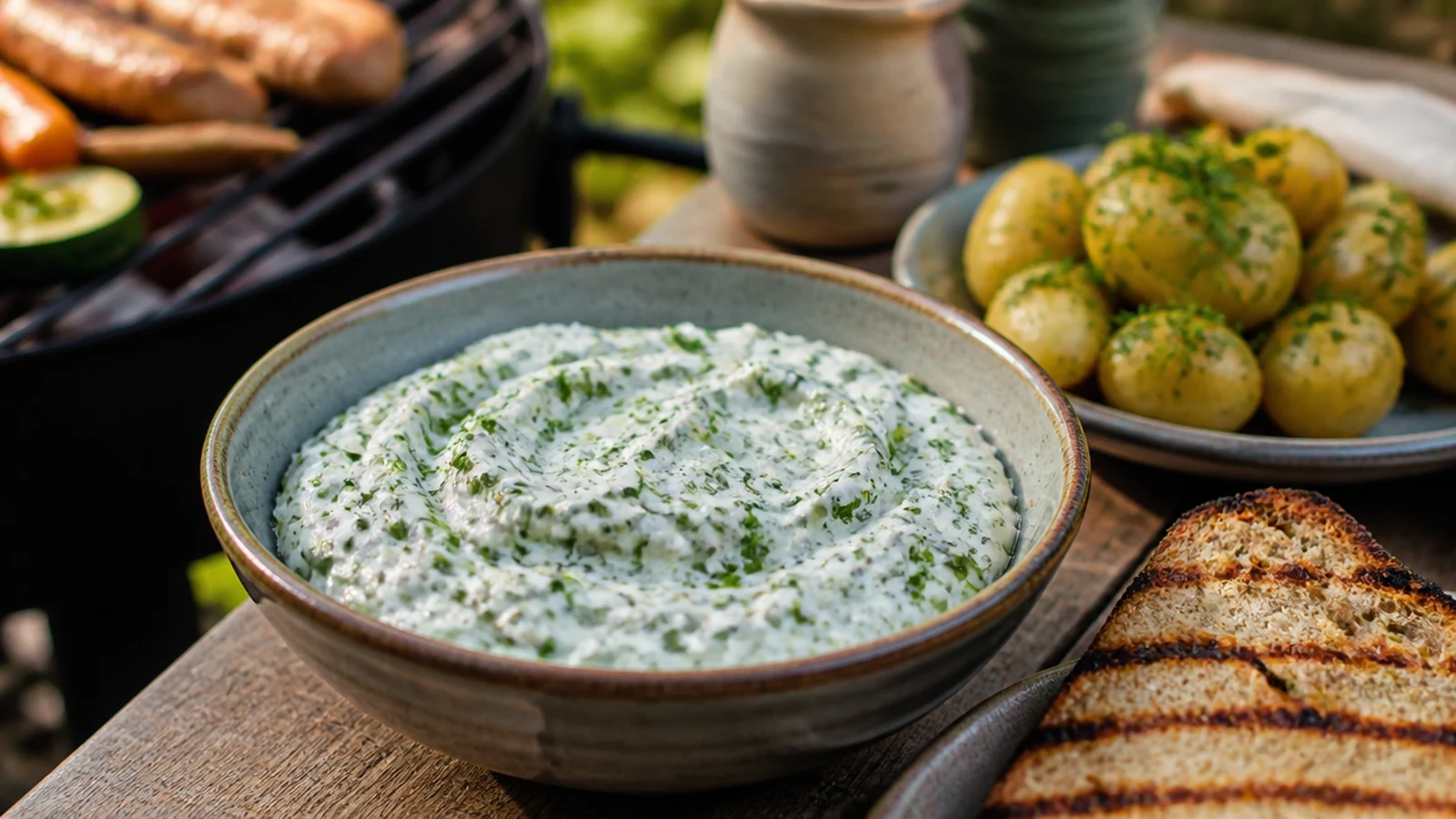 Kräuterquark wie früher appetitlich angerichtet als Grillbeilage in einer natürlichen Food-Szene