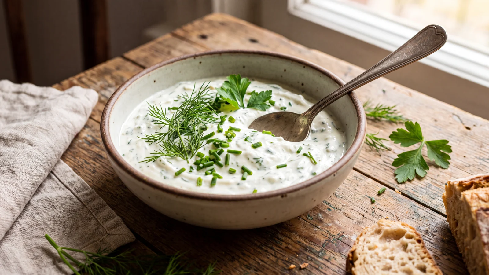 Kräuterquark wie früher appetitlich angerichtet als Grillbeilage in einer natürlichen Food-Szene