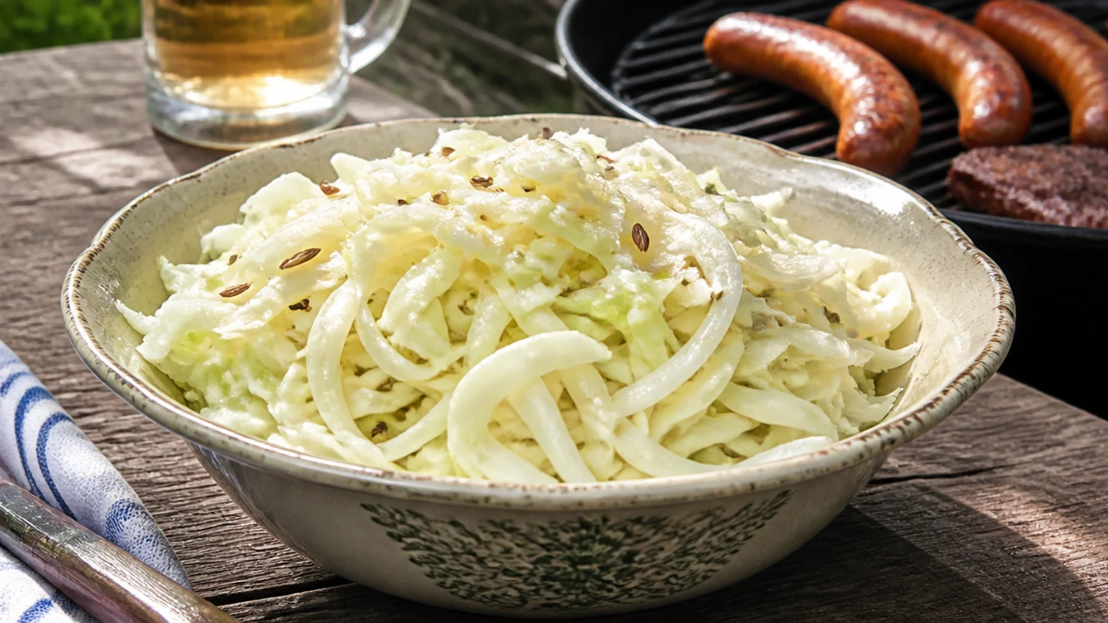 Krautsalat mit Kümmel wie früher appetitlich angerichtet als Grillbeilage in einer natürlichen Food-Szene