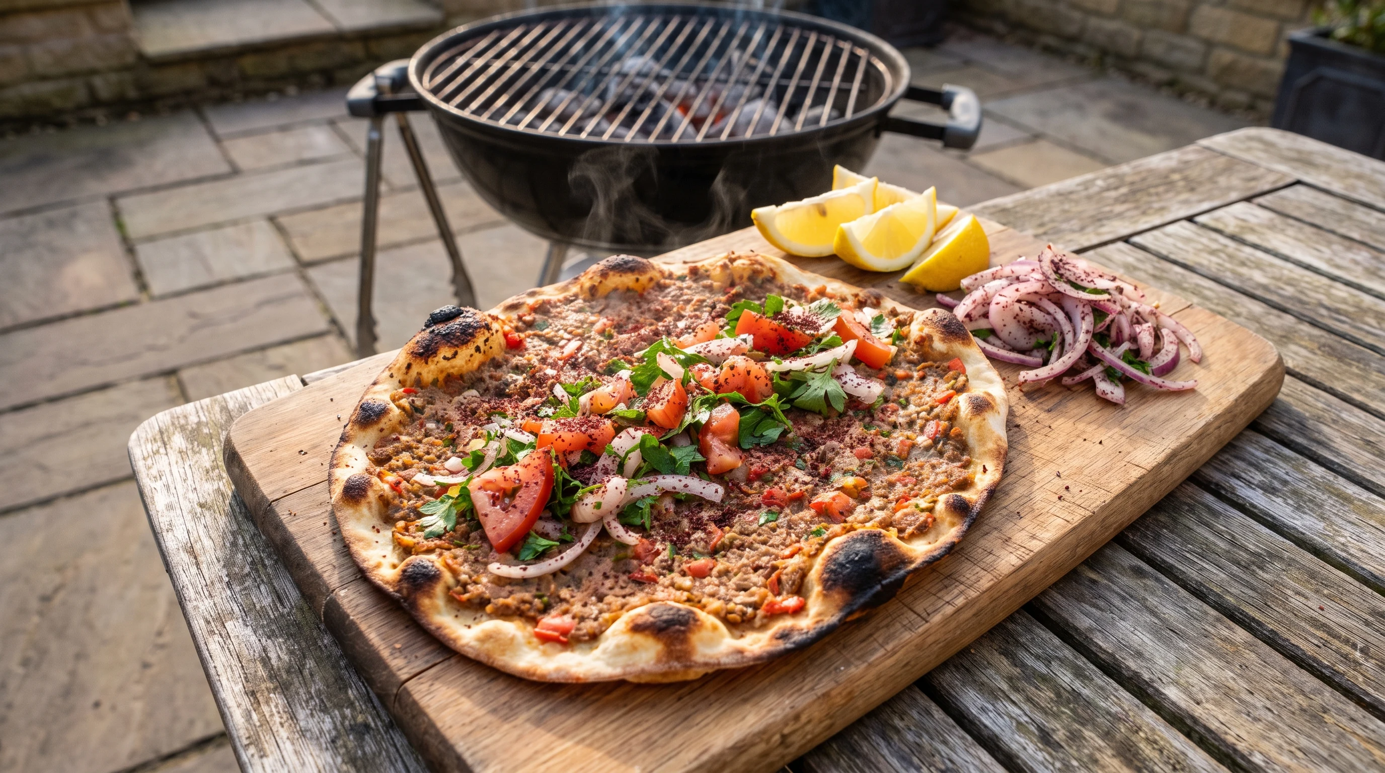 Lahmacun vom Grill als realistisches Grillfoto aus Türkei mit frischen Zutaten und Röstaromen