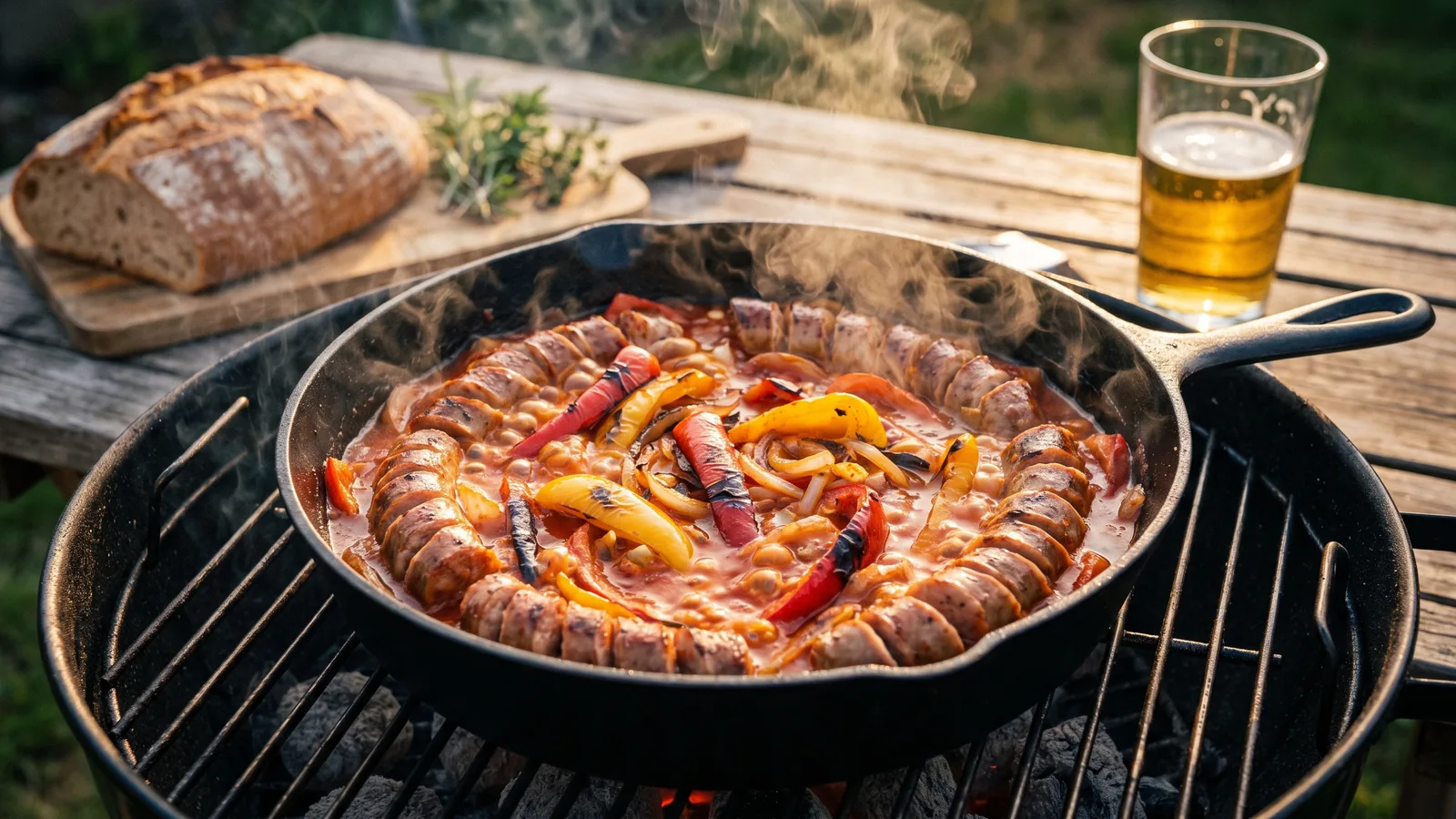 Letscho-Bratwurst-Pfanne vom Grill mit Paprika, Zwiebeln und Tomatensauce