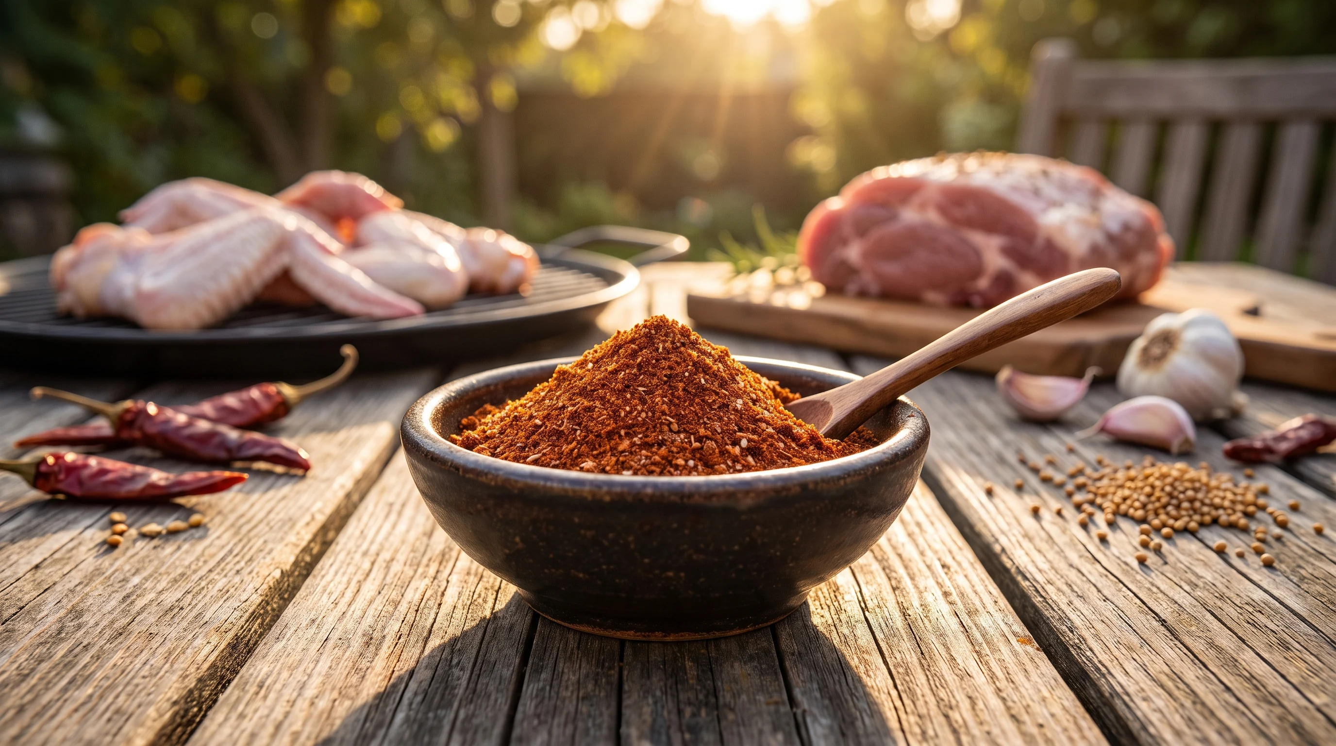 Magic Dust Rub selber machen in einer kleinen Schüssel mit Gewürzen, Hähnchenschenkeln und Fleisch im Hintergrund