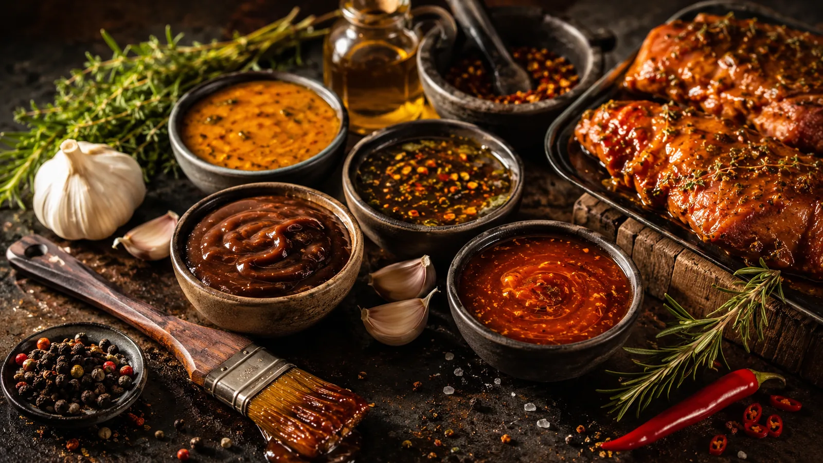 Verschiedene Grillmarinaden, BBQ-Saucen, Kräuter und Gewürze zum Marinieren von Fleisch