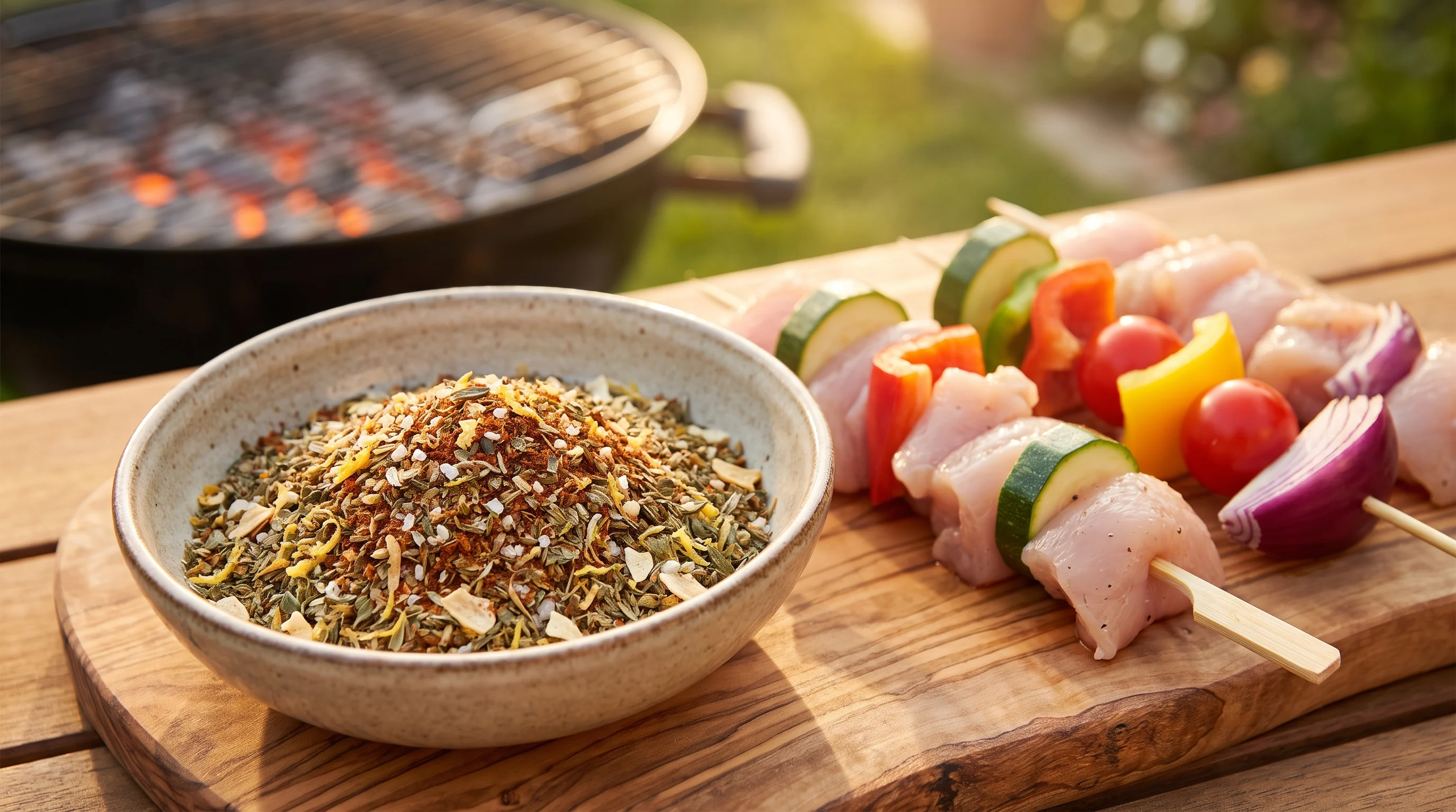 Mediterraner Kräuter-Rub für Hähnchen und Gemüse in einer Schüssel mit Hähnchenspießen und Gemüse