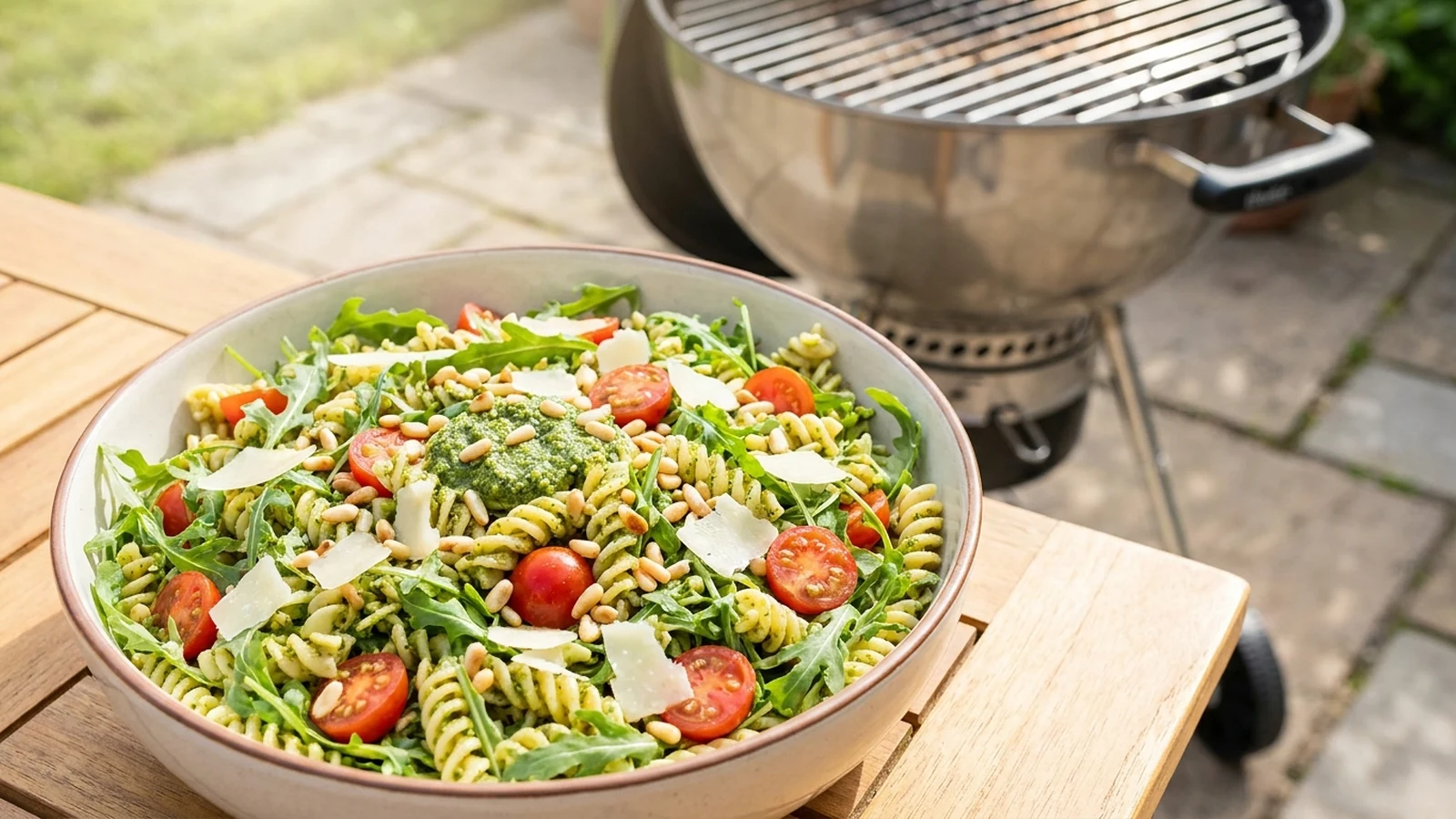 Mediterraner Nudelsalat mit grünem Pesto, Rucola, Kirschtomaten, Parmesan und Pinienkernen am Grill