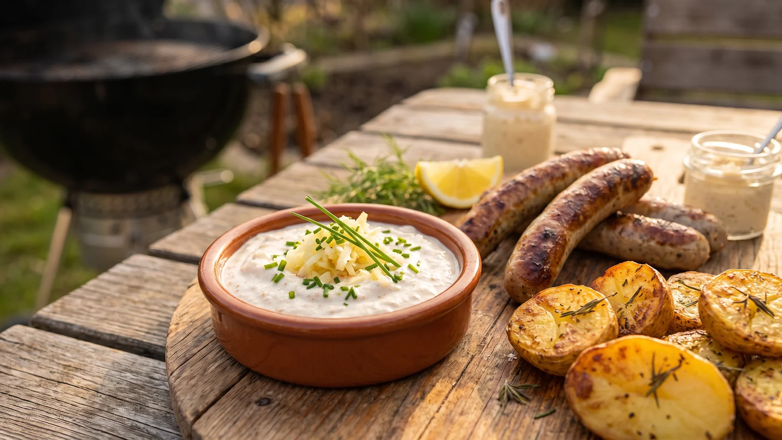 Meerrettich-Apfel-Dip mit Schnittlauch, Bratwurst und Grillkartoffeln