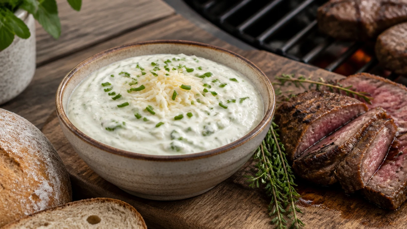 Meerrettich-Schmand-Dip wie früher appetitlich angerichtet als Grillbeilage in einer natürlichen Food-Szene