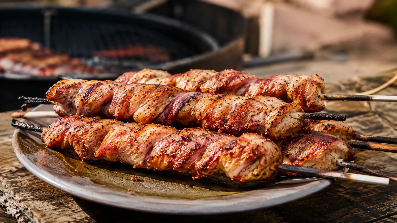 Mettspieße mit Zwiebeln und Röstaromen auf dem Grill