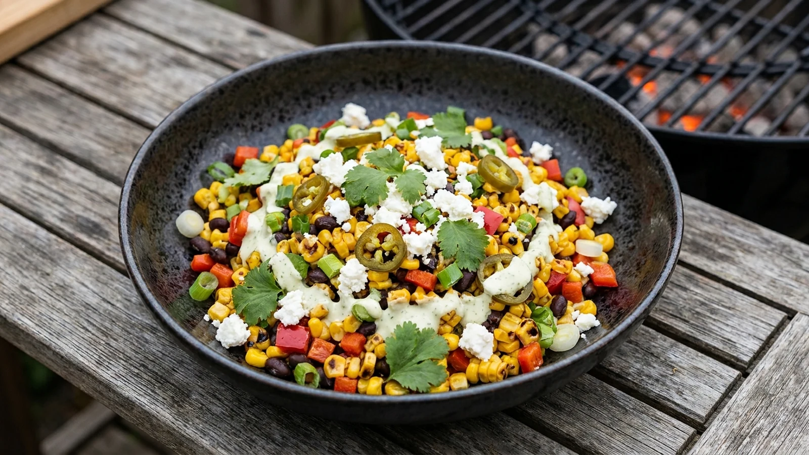 Mexikanischer Maissalat mit angeröstetem Mais, schwarzen Bohnen, Paprika, Feta, Jalapeño und Koriander