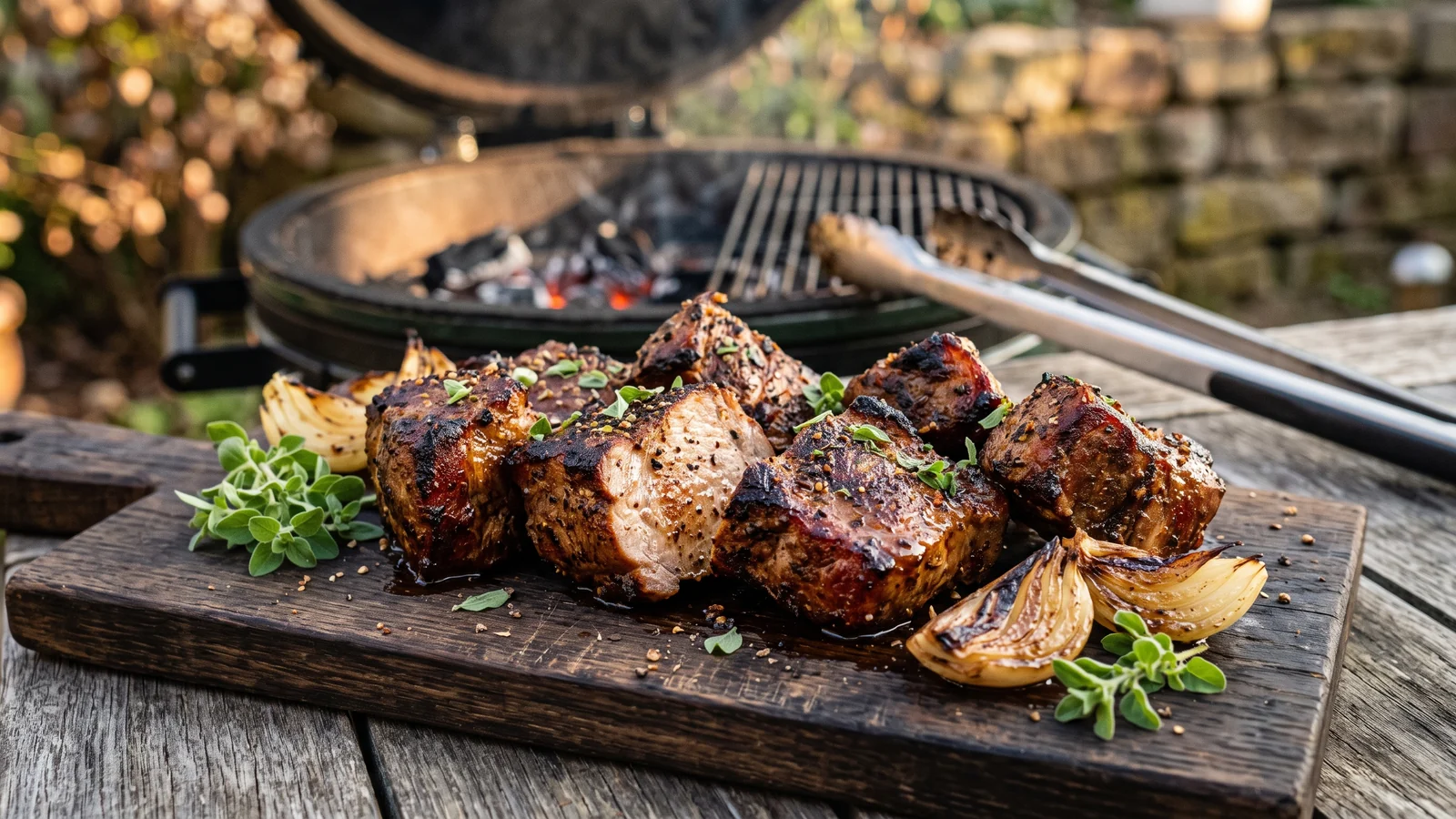 Saftige Stücke Thüringer Mutzbraten mit Majoran auf einem rustikalen Holzbrett am Grill