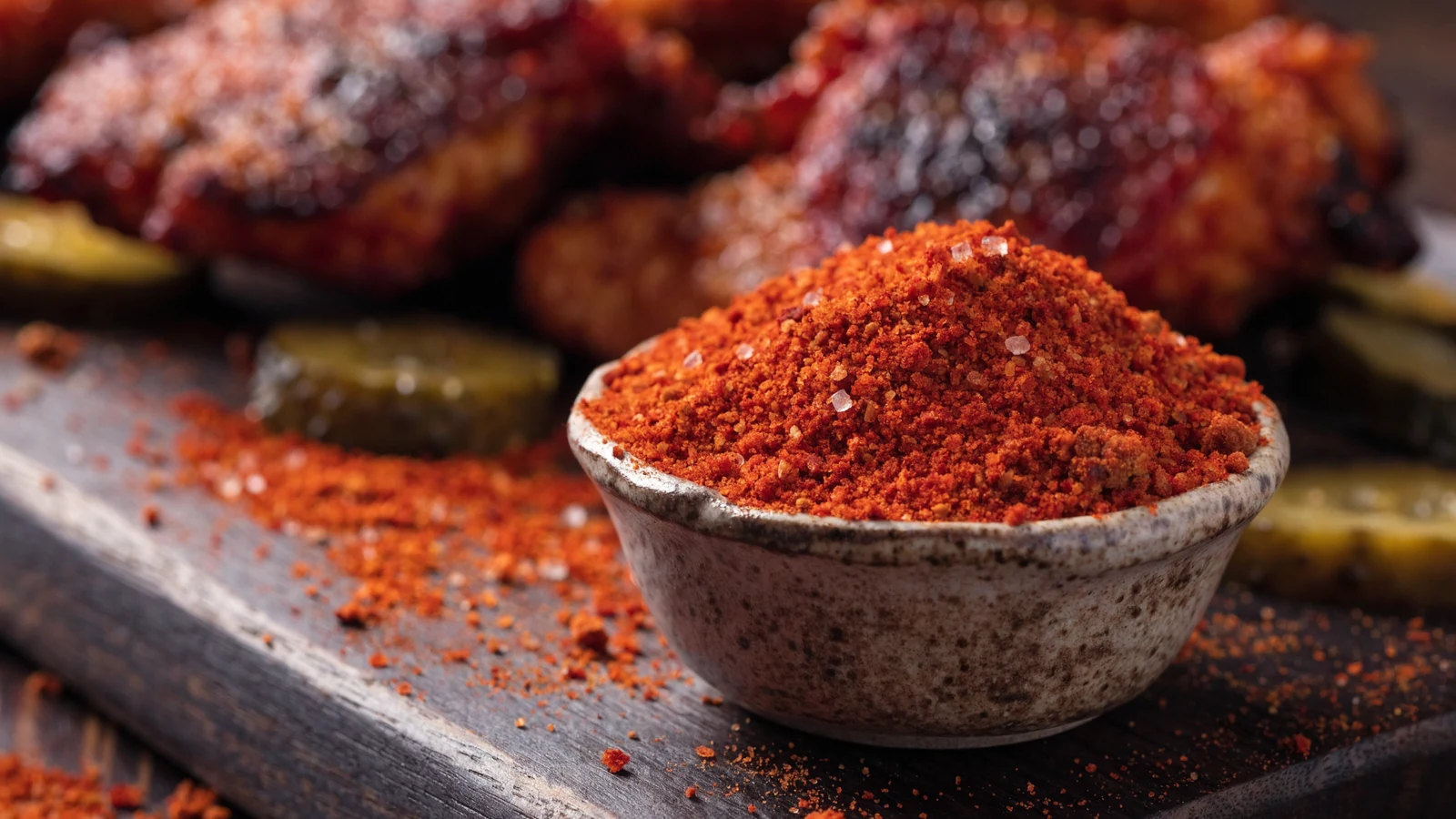 Nashville Hot Chicken Rub mit Cayenne und Paprika neben scharfem Grillhähnchen und Pickles