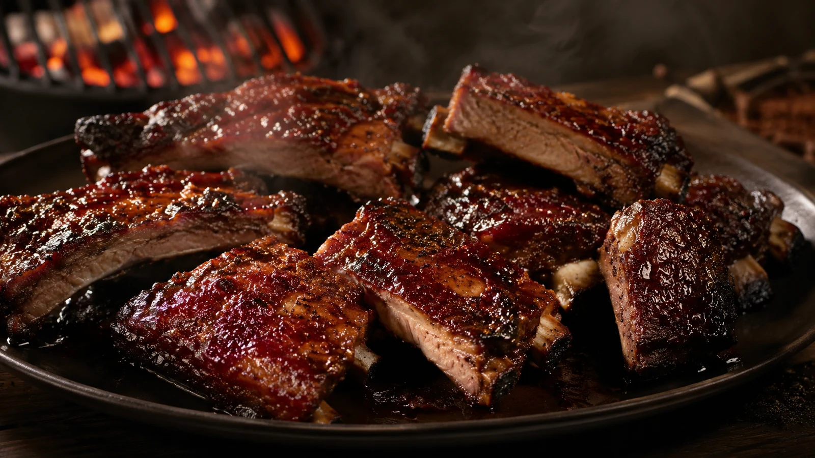 Party Ribs aus dem Smoker mit dunkler Kruste und BBQ-Glasur