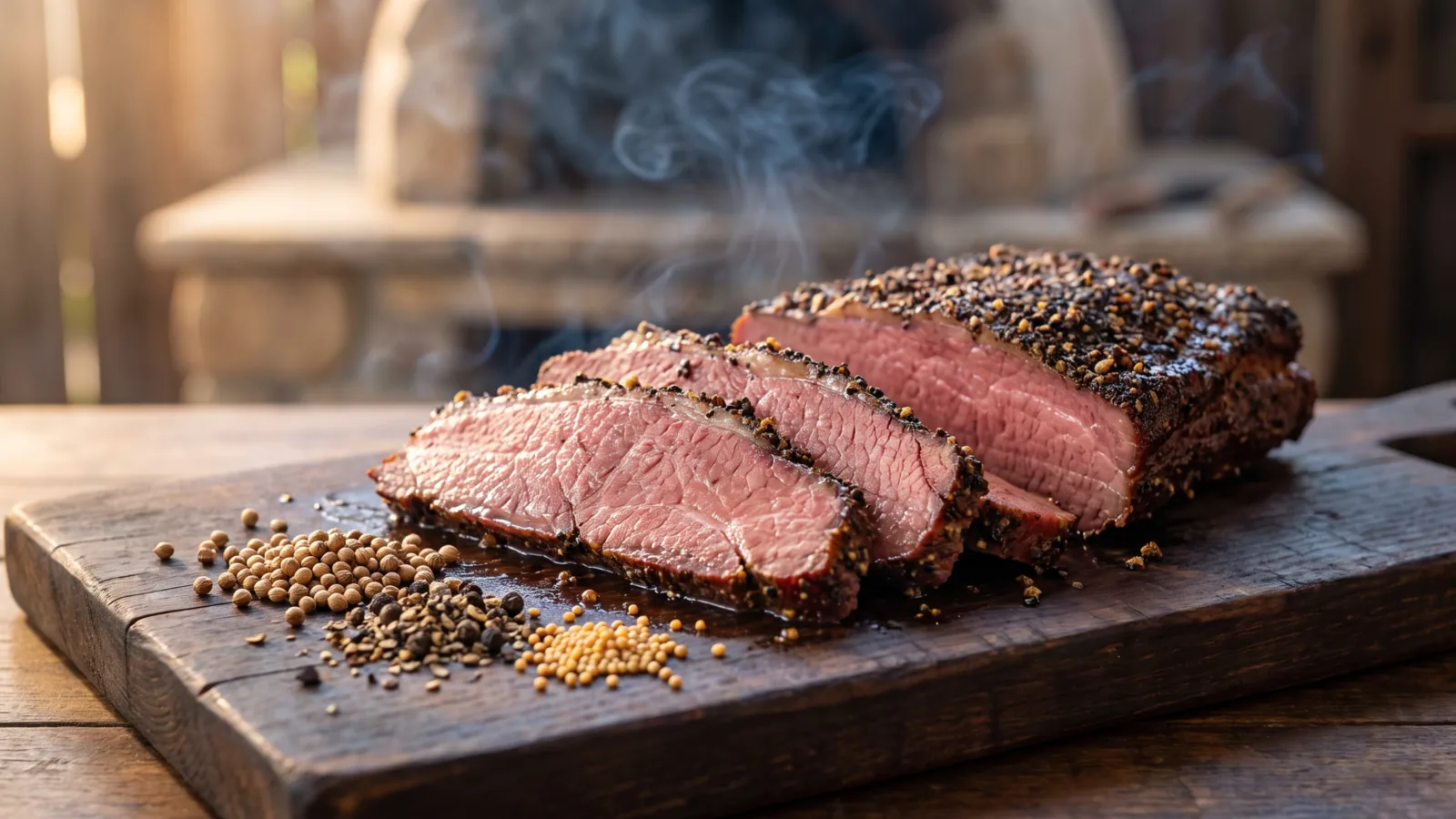 Selbst gemachtes Pastrami mit Pfeffer-Koriander-Kruste, saftig aufgeschnitten auf einem Holzbrett
